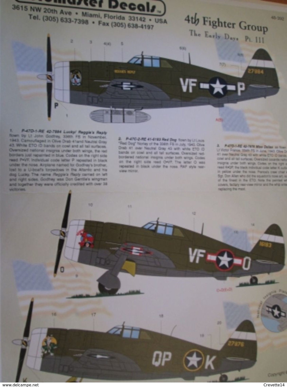 Planche De Décals Additionnels AEROMASTER 1/48e N° 48-392 P-47D THUNDERBOLT 4th FIGHTER GROUP  , Complète Et Non Commenc - Vliegtuigen