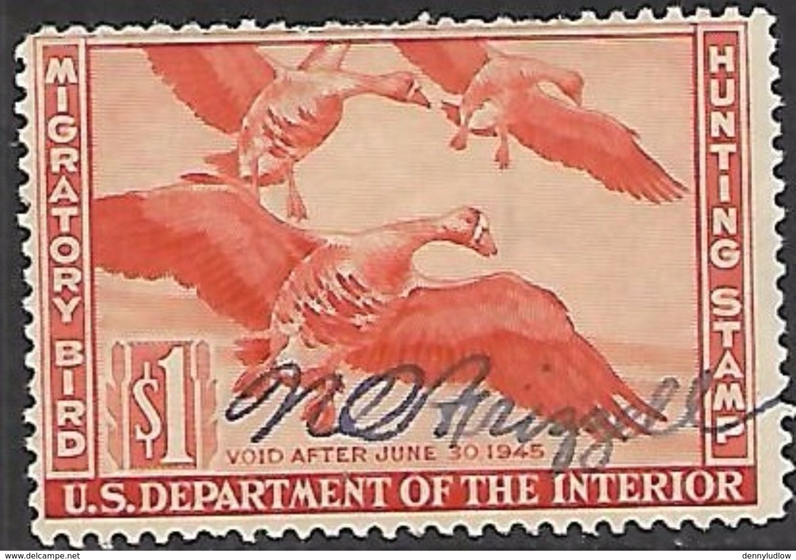 US 1944   RW11  $1  Duck  Hunting Stamp Used   2016 Scott Value $50 - Duck Stamps
