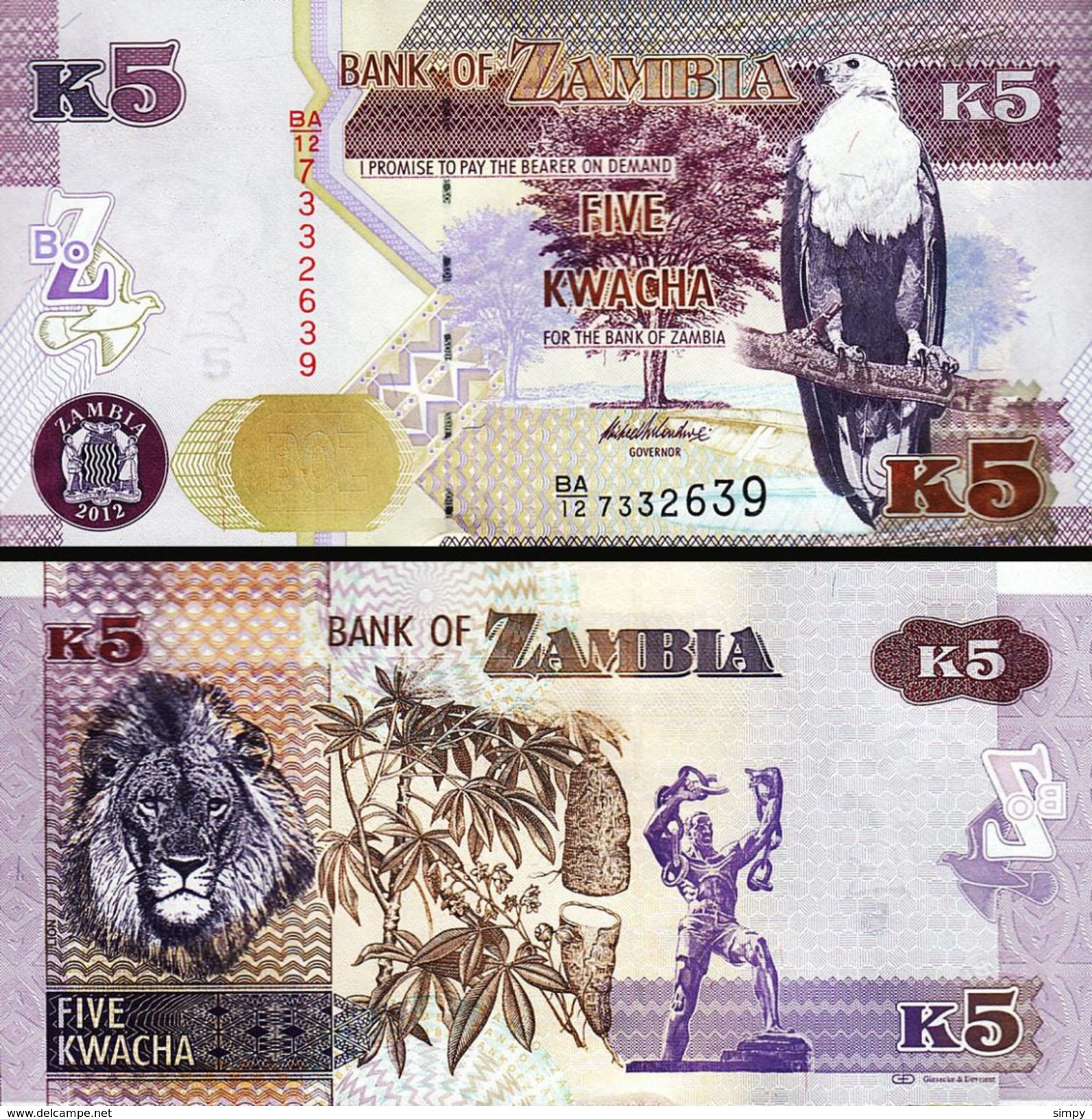 ZAMBIA 5 Kwacha 2012  UNC Pick 50 - Zambia