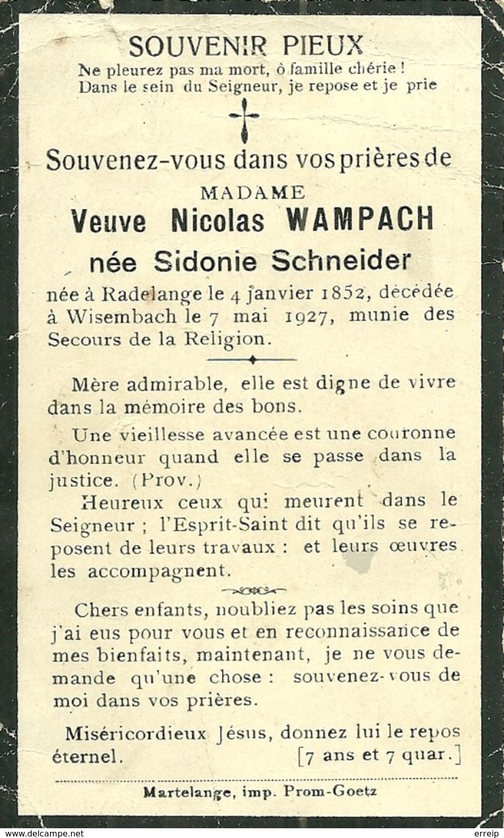 Sidonie Schneider Veuve De Nicolas Wampach Radelange 1852 Wissembach 1927 - Martelange