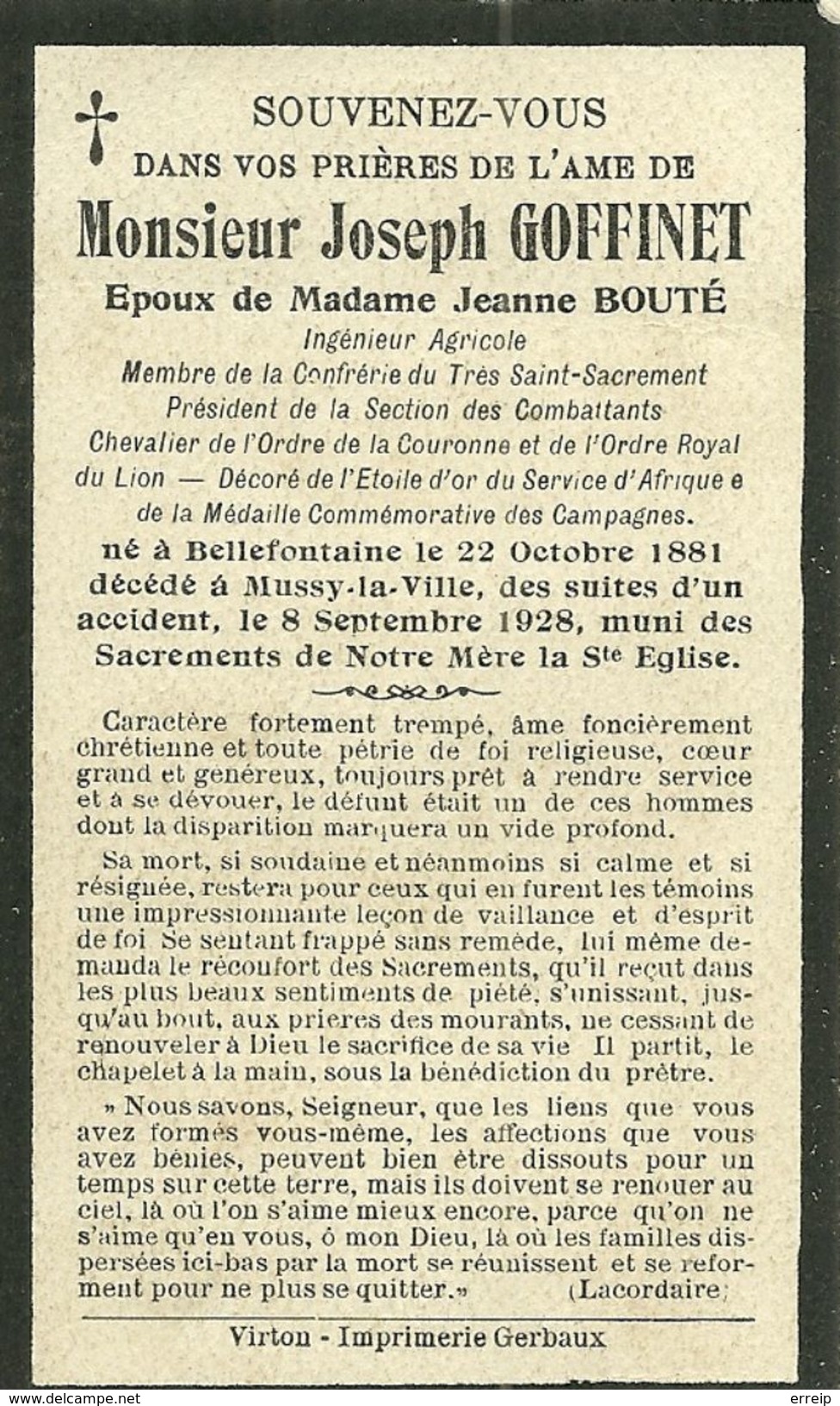 Joseph Goffinet époux De Jeanne Bouté Bellefontaine 1881 Mussy La Ville 1928 - Tintigny