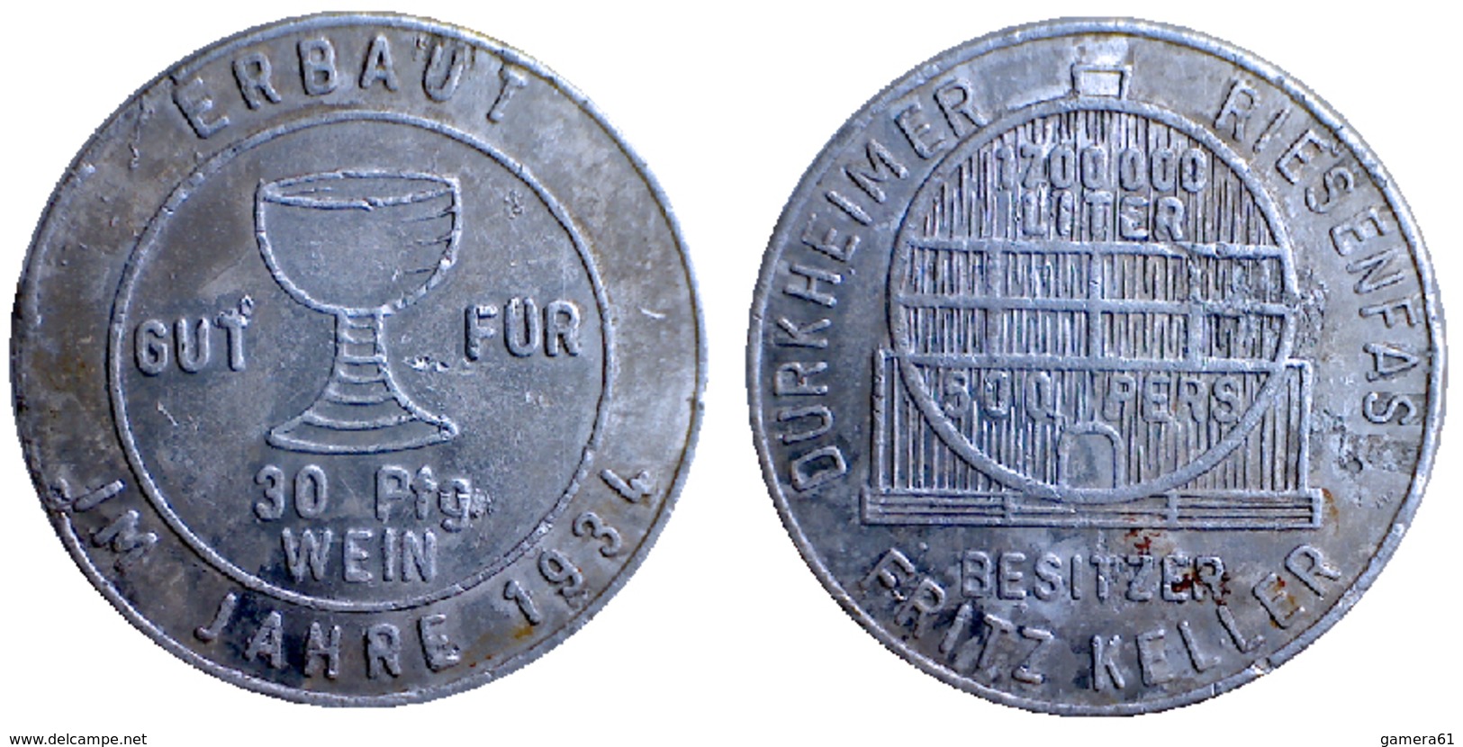 01356 GETTONE TOKEN JETON FICHA KANTINE WEINMARKE DURKHEIMER REISENFASS BESITZER FRITZ KELLER 1934 ALU - Autres & Non Classés