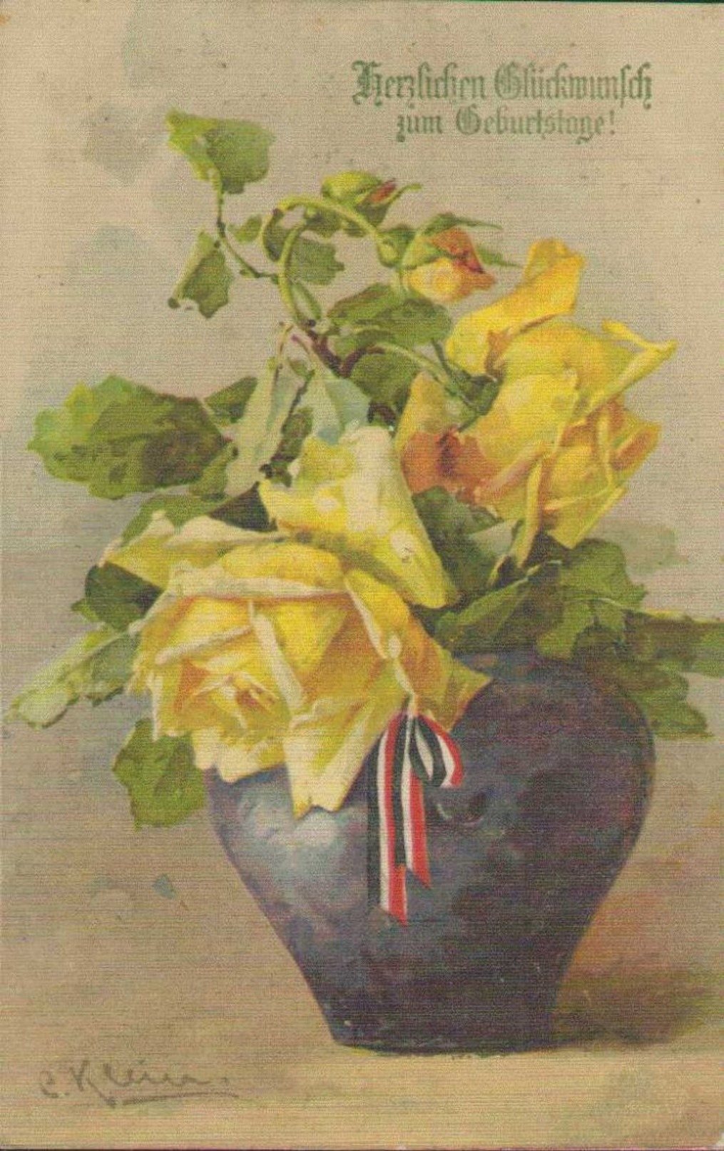 Glückwunsch Geburtstag, Rosen In Blumenvase, Künstler-Postkarte, Zeichner, Klein, Catharina - Klein, Catharina