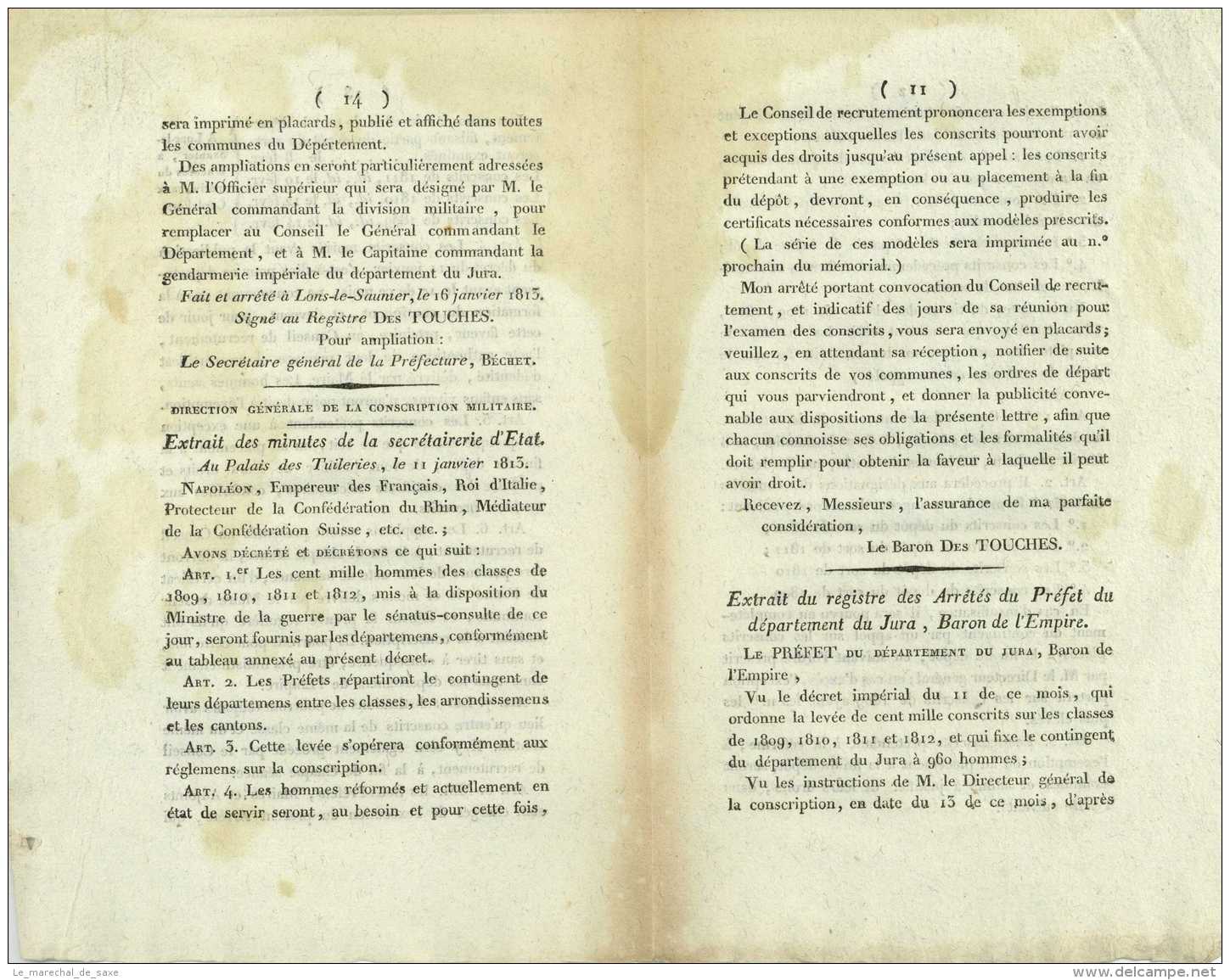 Prefecture Du JURA 1812 Et 1813 Decretes Conscrits Militaires + Approvisionnement Extraord. De Bois De Construction - Decreti & Leggi