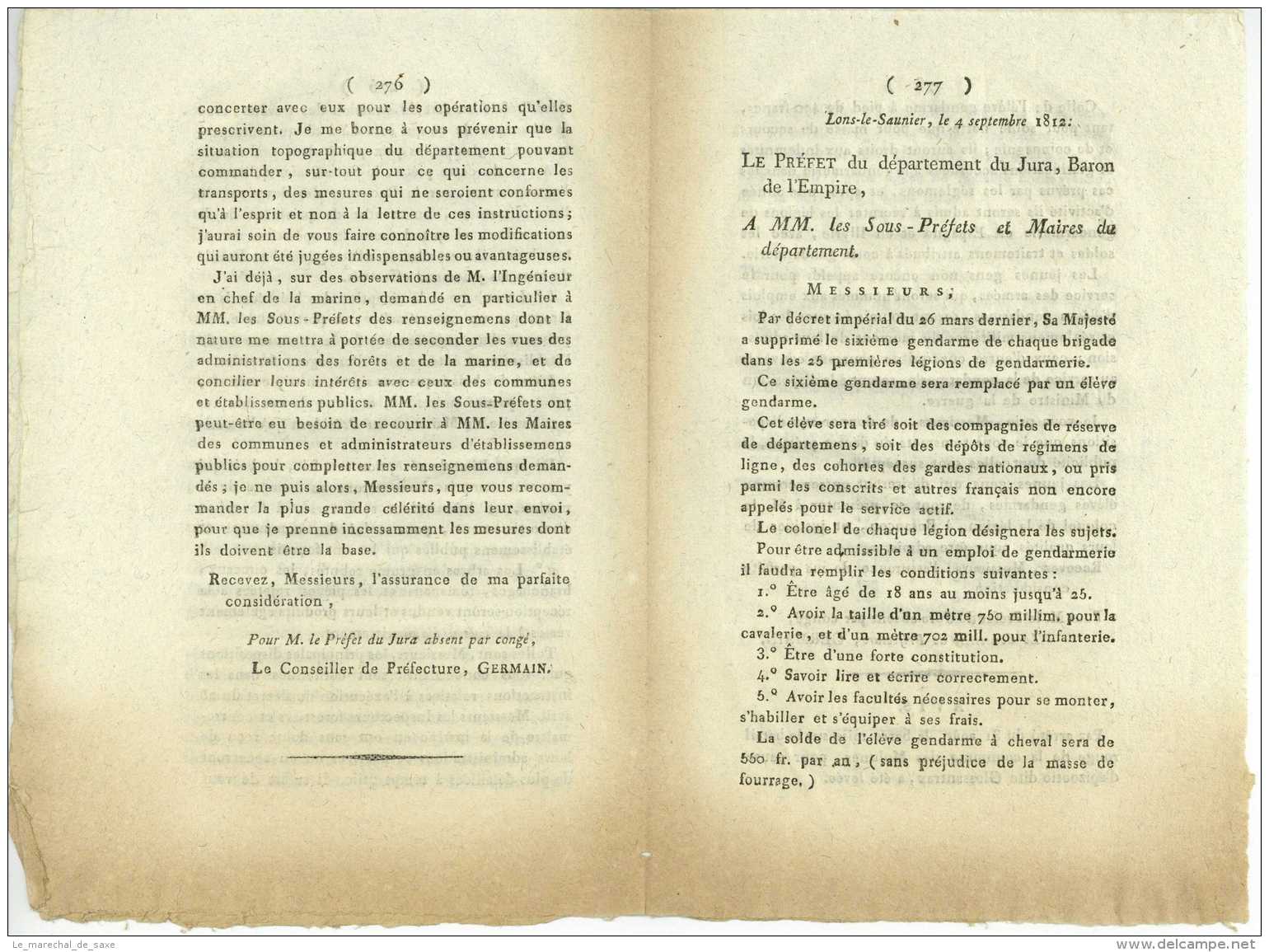 Prefecture Du JURA 1812 Et 1813 Decretes Conscrits Militaires + Approvisionnement Extraord. De Bois De Construction - Décrets & Lois