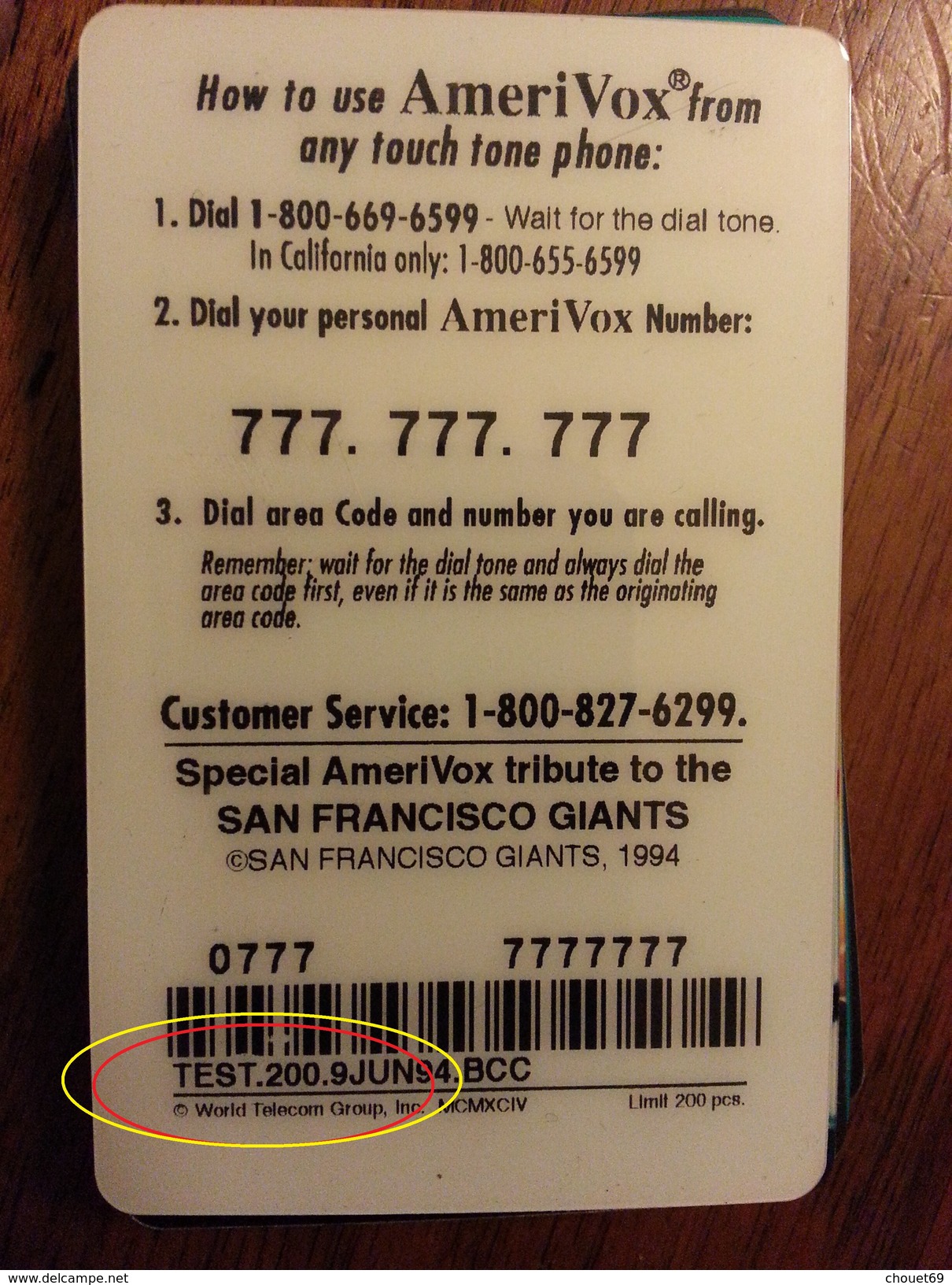 Amerivox GIANTS SAN FRANCISCO BASEBALL 1994 TEST Prépayée Prepaid Ameri Vox - Amerivox