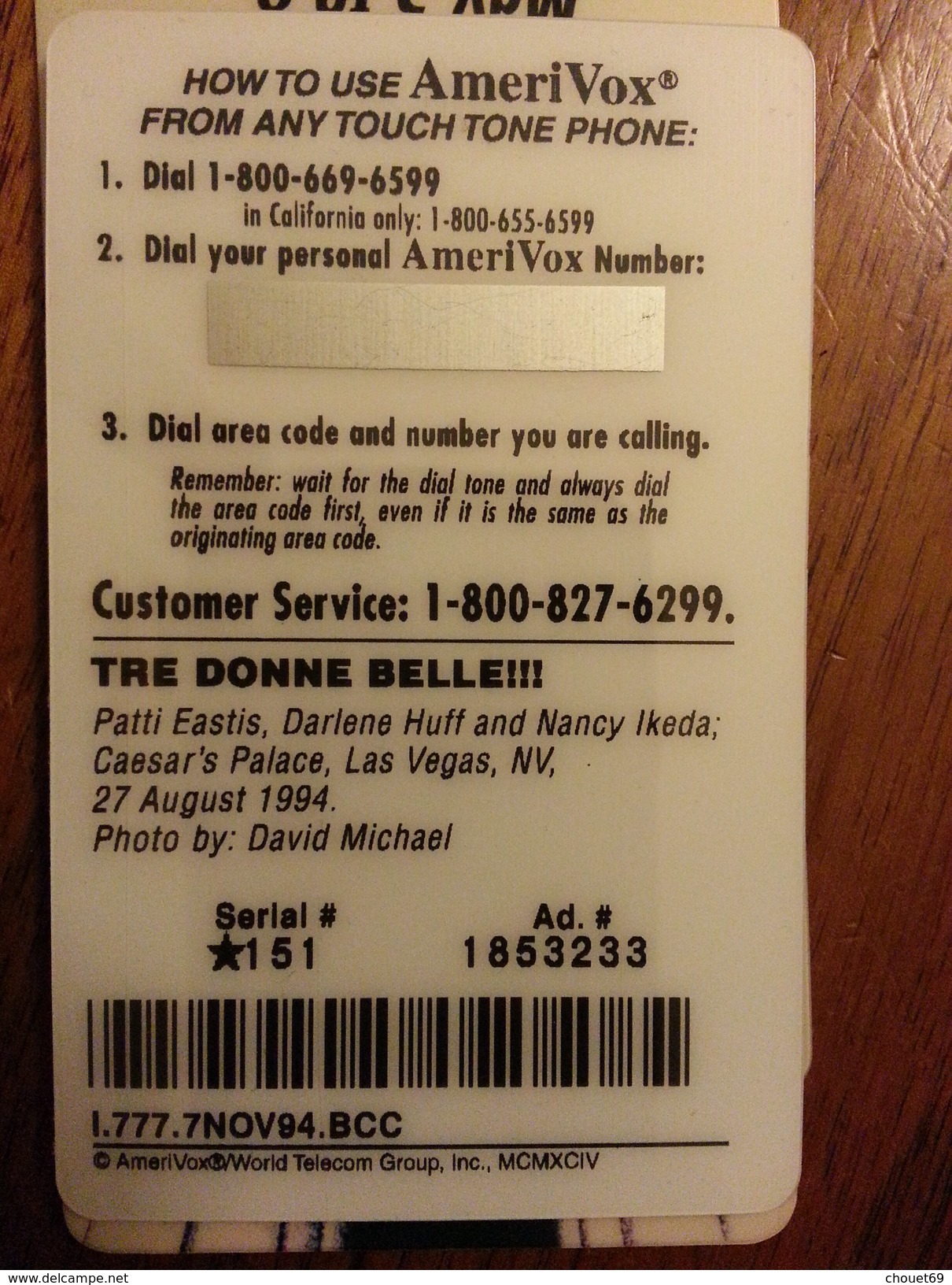 Amerivox Three Donne Belle Caesar's Palace Las Vegas 27 August 1994 MINT Prépayée Prepaid Ameri Vox - Amerivox