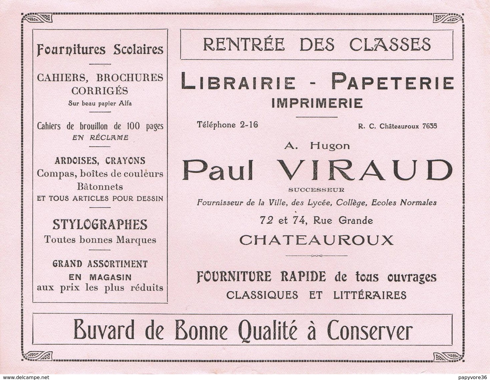 ANCIEN BUVARD Paul VIRAUD - Librairie Papeterie à Châteauroux (Indre) - Papeterie