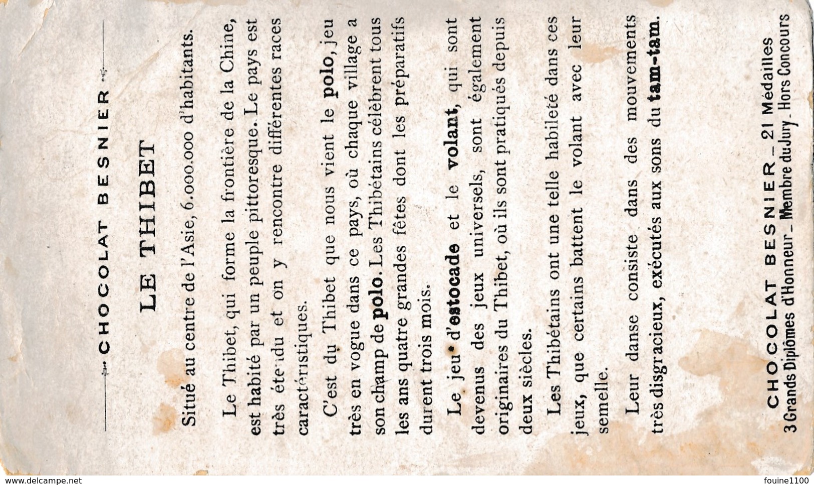 Chromo  LE THIBET Du CHOCOLAT BESNIER  LE MANS ( Recto Verso ) MAUVAIS ETAT - Autres & Non Classés