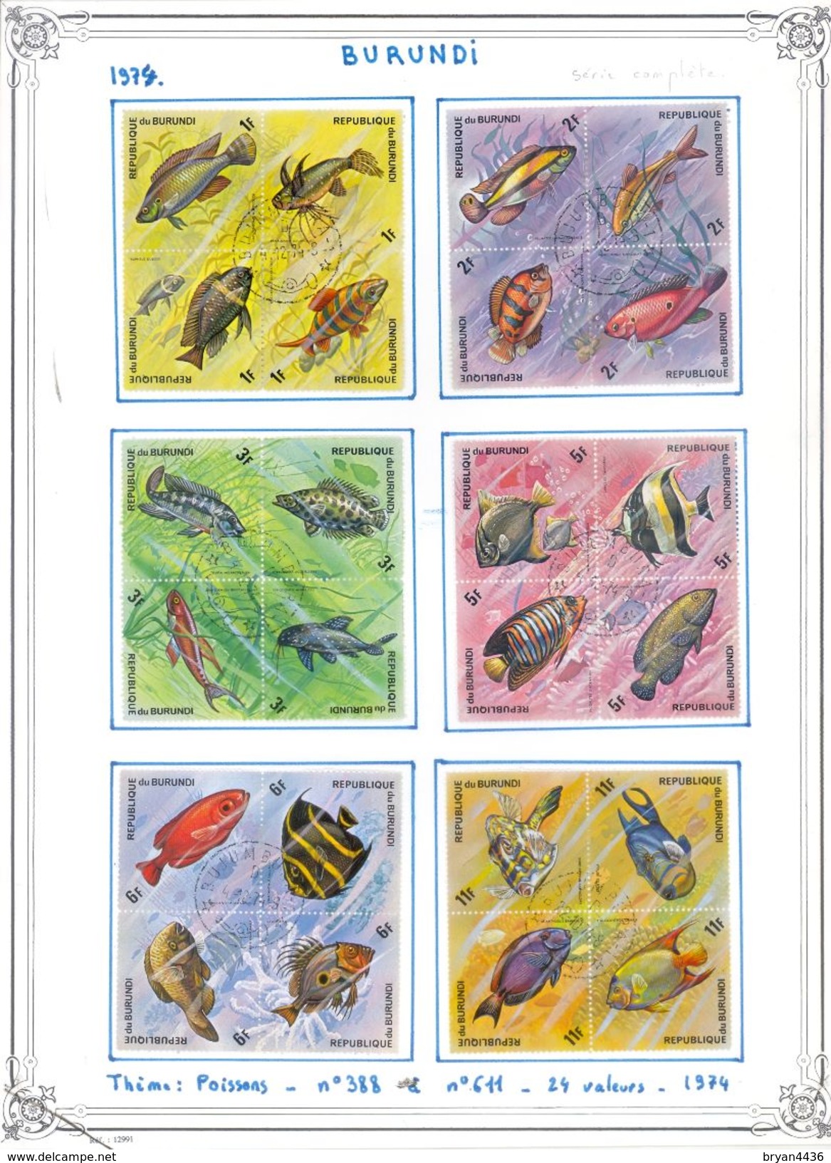 BURUNDI - THEME; POISSONS - SERIE COMPLETE DE 24 VALEURS EN SIX BLOCS DE QUATRE - 1974 - MONTE SUR FEUILLE - TB*** - Sammlungen