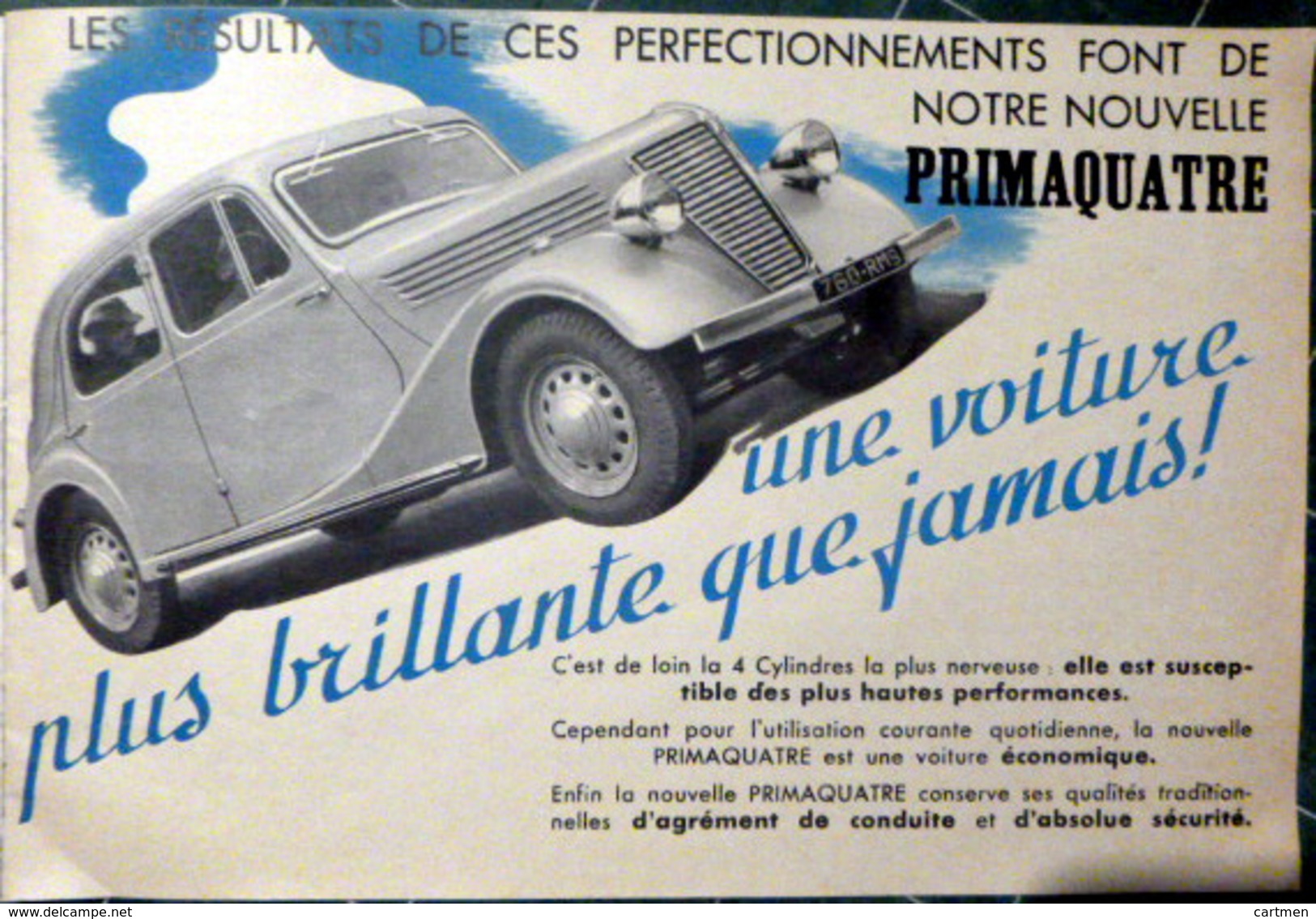 AUTOMOBILE PRIMAQUATRE RENAULT CATALOGUE DE PRESENTATION COMMERCIALE 1939 HUIT PAGES DE DOCUMENTATION ET PHOTOS - Voitures