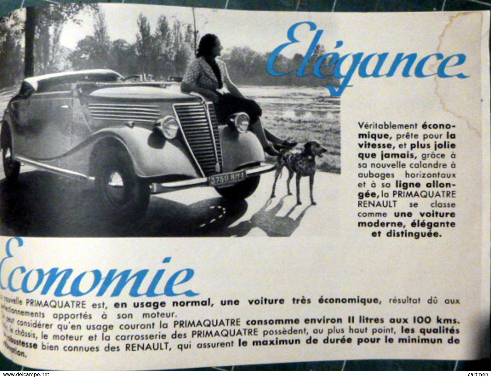 AUTOMOBILE PRIMAQUATRE RENAULT CATALOGUE DE PRESENTATION COMMERCIALE 1939 HUIT PAGES DE DOCUMENTATION ET PHOTOS - Voitures