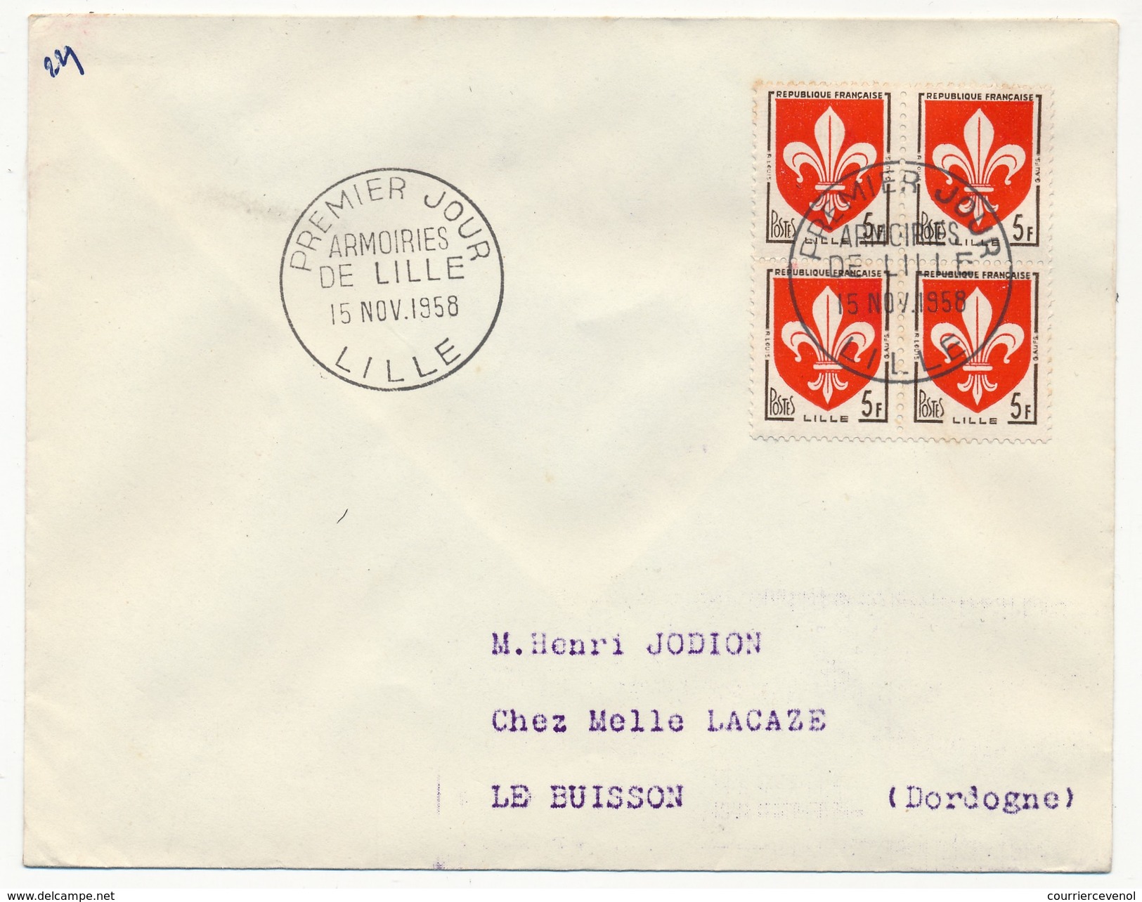 FRANCE - Enveloppe Affr 4x 5F Armoiries De Lille - 1958 - Premier Jour - Covers & Documents