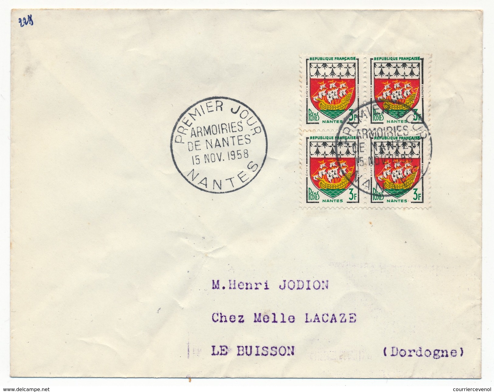 FRANCE - Enveloppe Affr 4x 3F Armoiries De Nantes - 1958 - Premier Jour - Lettres & Documents