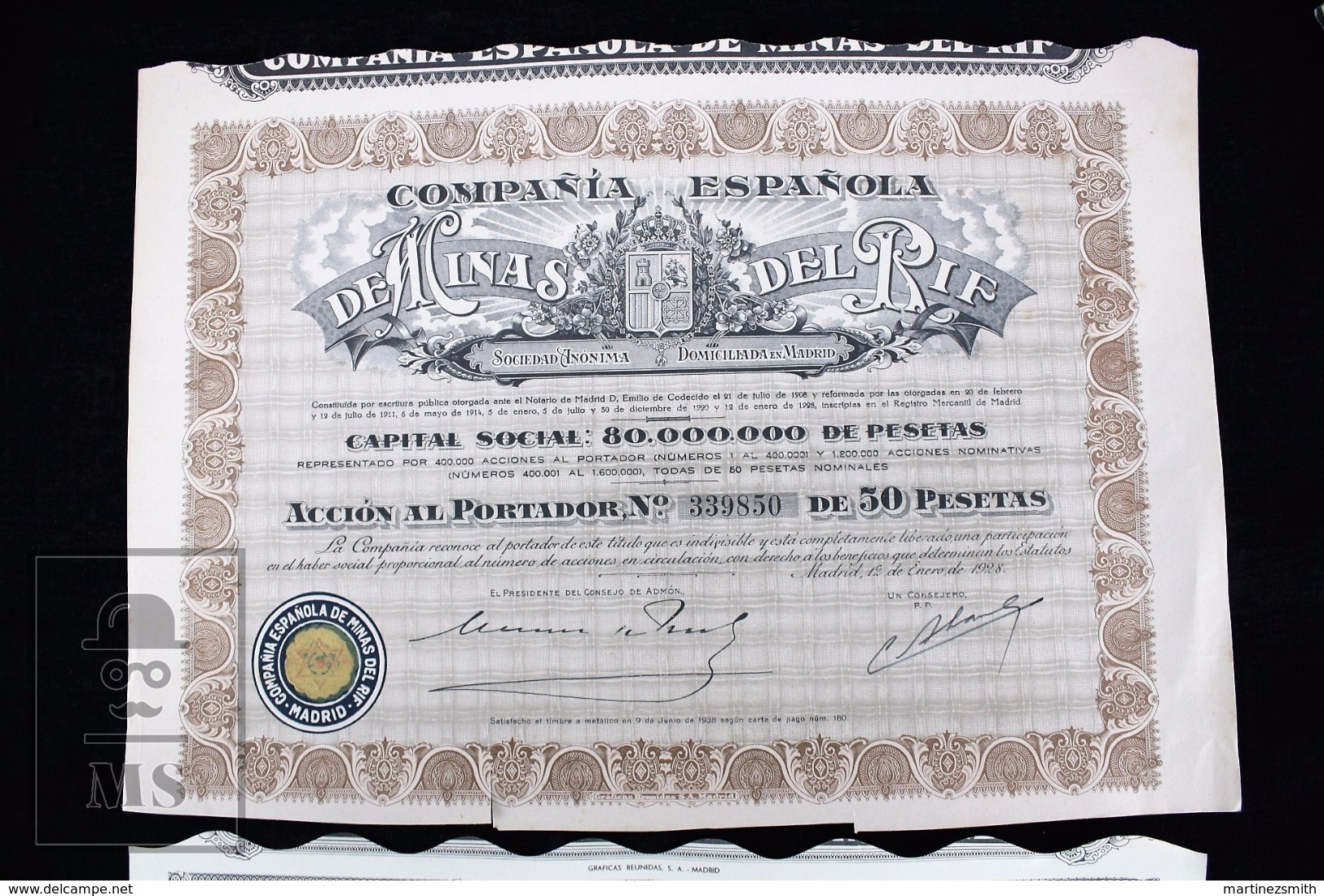 Spanish Old Share From 1928 - Comañia Española De Minas Del Rif/ Spanish Company Of Rif Mines - P - R