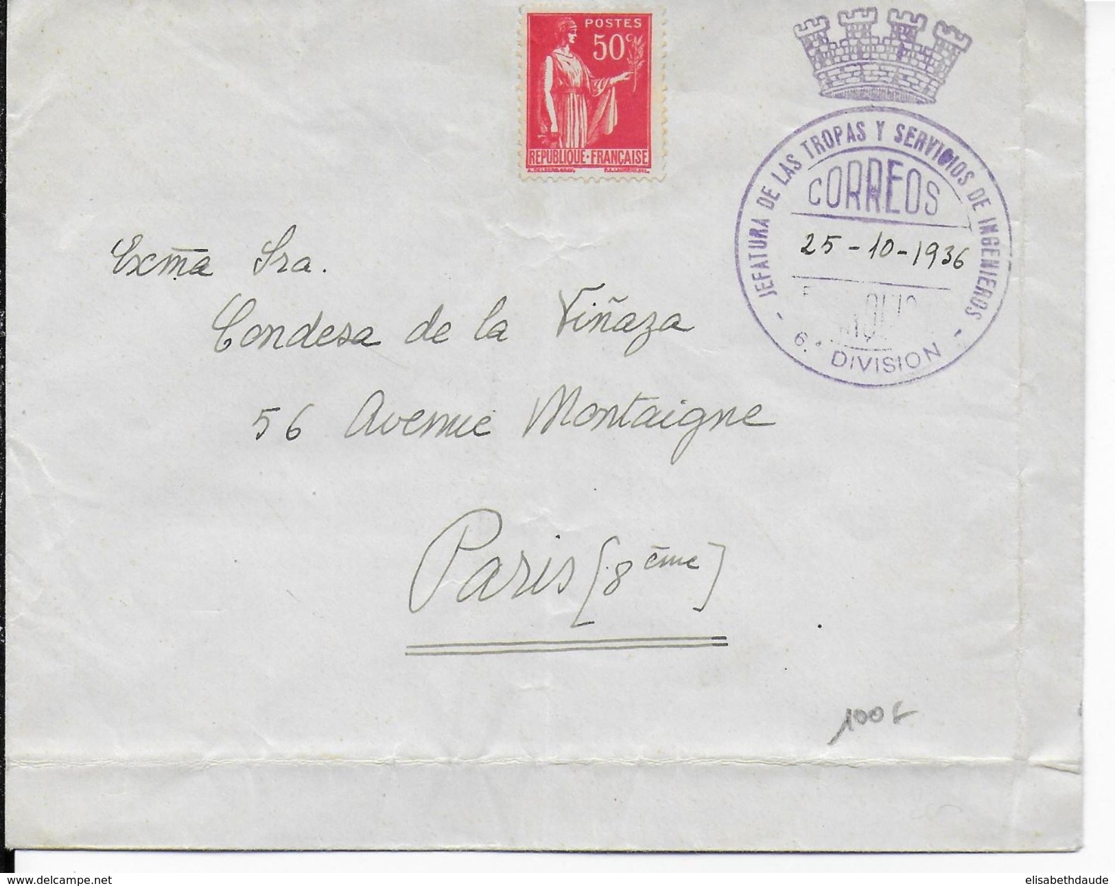 ESPAGNE - 1936 - ENVELOPPE En FRANCHISE Du COMMANDANT Des FORTIFICATIONS De La 6° DIVISION => PARIS - Marques De Censures Nationalistes