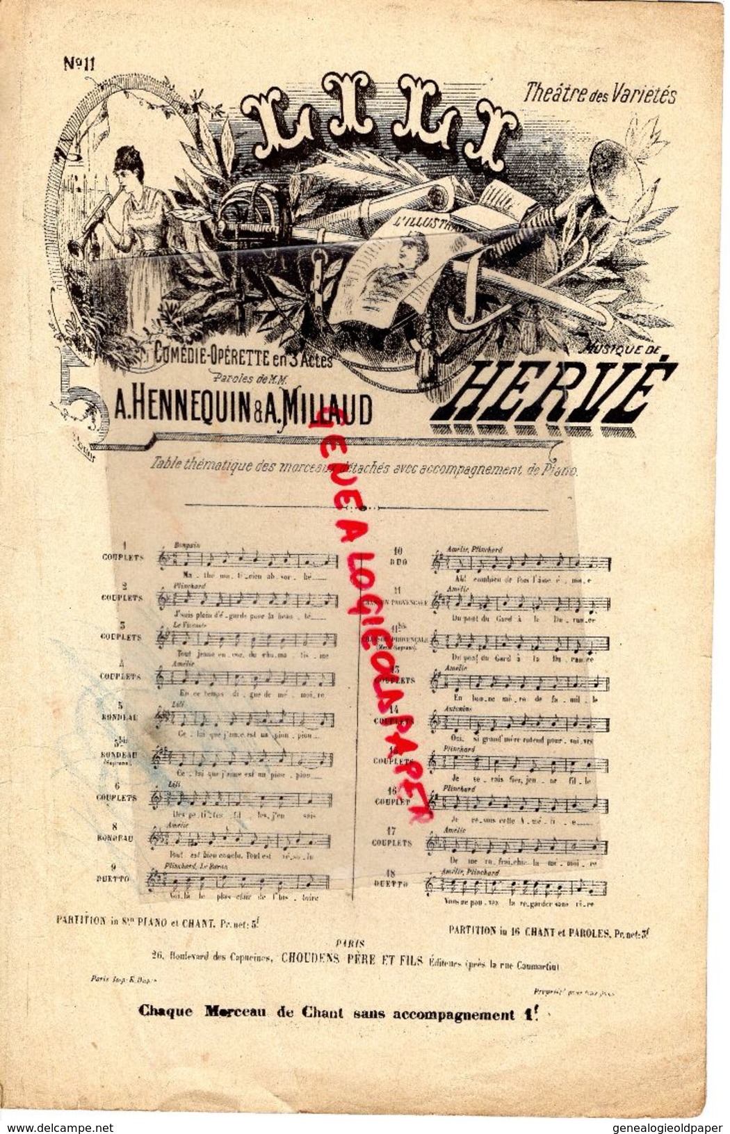 PARTITION MUSICALE-75- PARIS-THEATRE DES VARIETES- LILI- MUSIQUE DE HERVE-OPERETTE A. HENNEQUIN & A. MILLAUD- CHOUDENS - Scores & Partitions