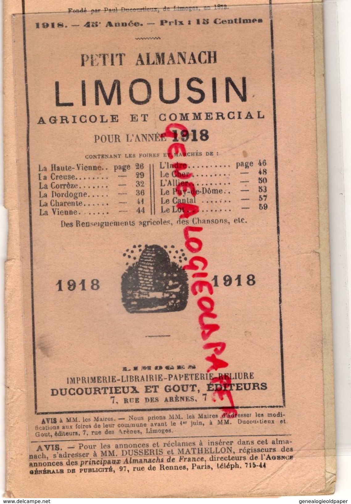 87-19-23- PETIT ALMANACH LIMOUSIN AGRICOLE ET COMMERCIAL-1918-IMPRIMERIE DUCOURTIEUX GOUT-MONTAUBAN PILULES FOSTER - Limousin