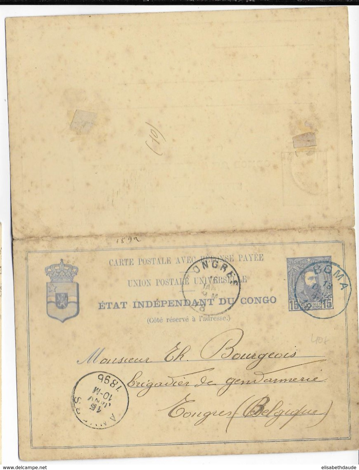 CONGO BELGE - 1896 - CARTE ENTIER Avec REPONXE PAYEE De BOMA => TONGRES (BELGIQUE) - Ganzsachen