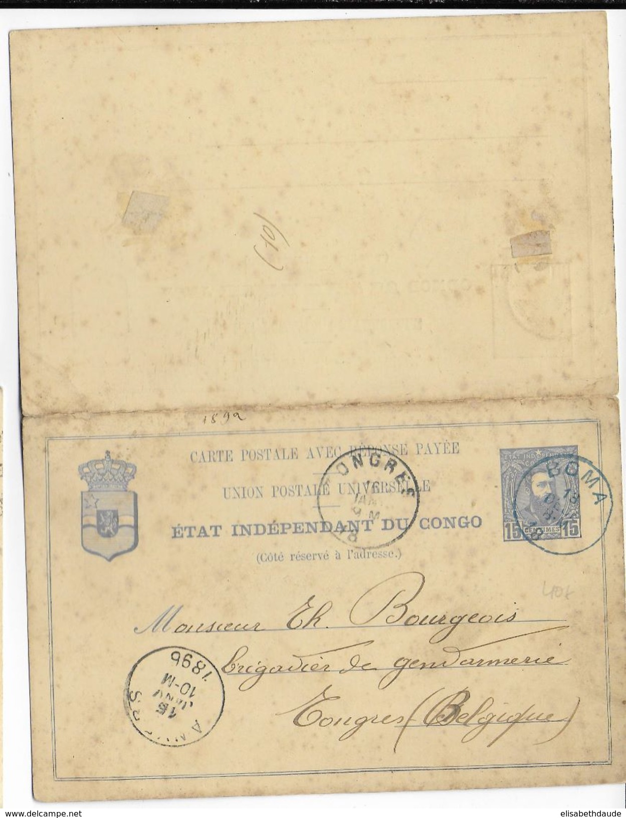 CONGO BELGE - 1896 - CARTE ENTIER Avec REPONXE PAYEE De BOMA => TONGRES (BELGIQUE) - Stamped Stationery