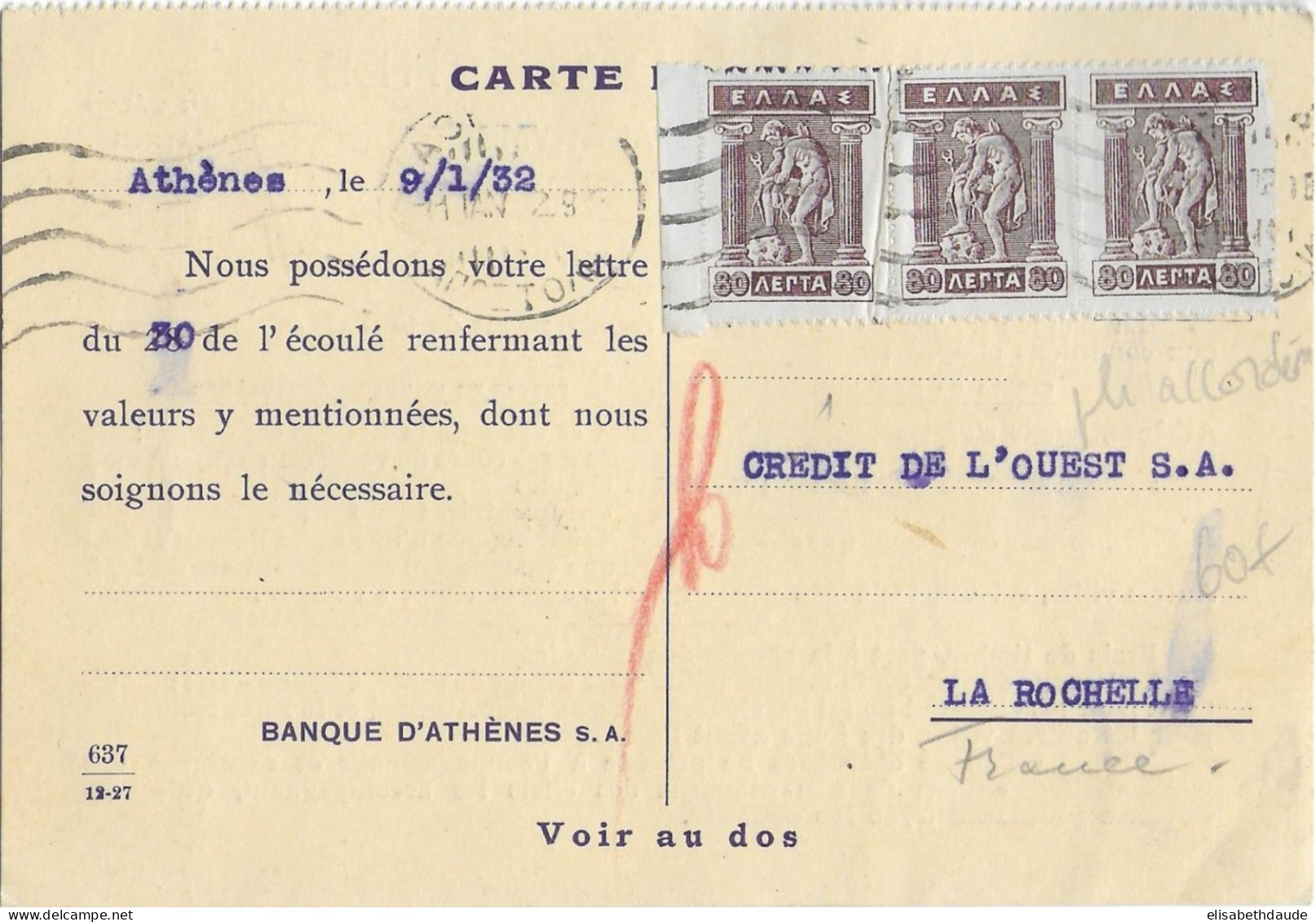 GRECE - 1932 - TIMBRES "PLI ACCORDEON" Sur CARTE De ATHENES => LA ROCHELLE - Plaatfouten En Curiosa