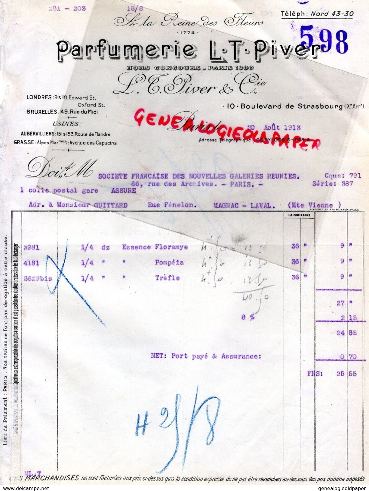75- PARIS- FACTURE PARFUMERIE L.T. PIVER-PARFUM- A LA REINE DES FLEURS-10 BD. STRASBOURG-1913 - Drogisterij & Parfum
