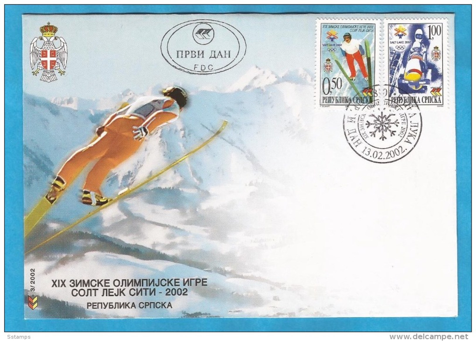 2002  235-36  FDC  BOSNIA REPUBLIKA SRPSKA SPORT OLYMPISCHE WINTERSPIELE SKISPRINGEN BOBFAHREN SALT LAKE CITY - Inverno2002: Salt Lake City