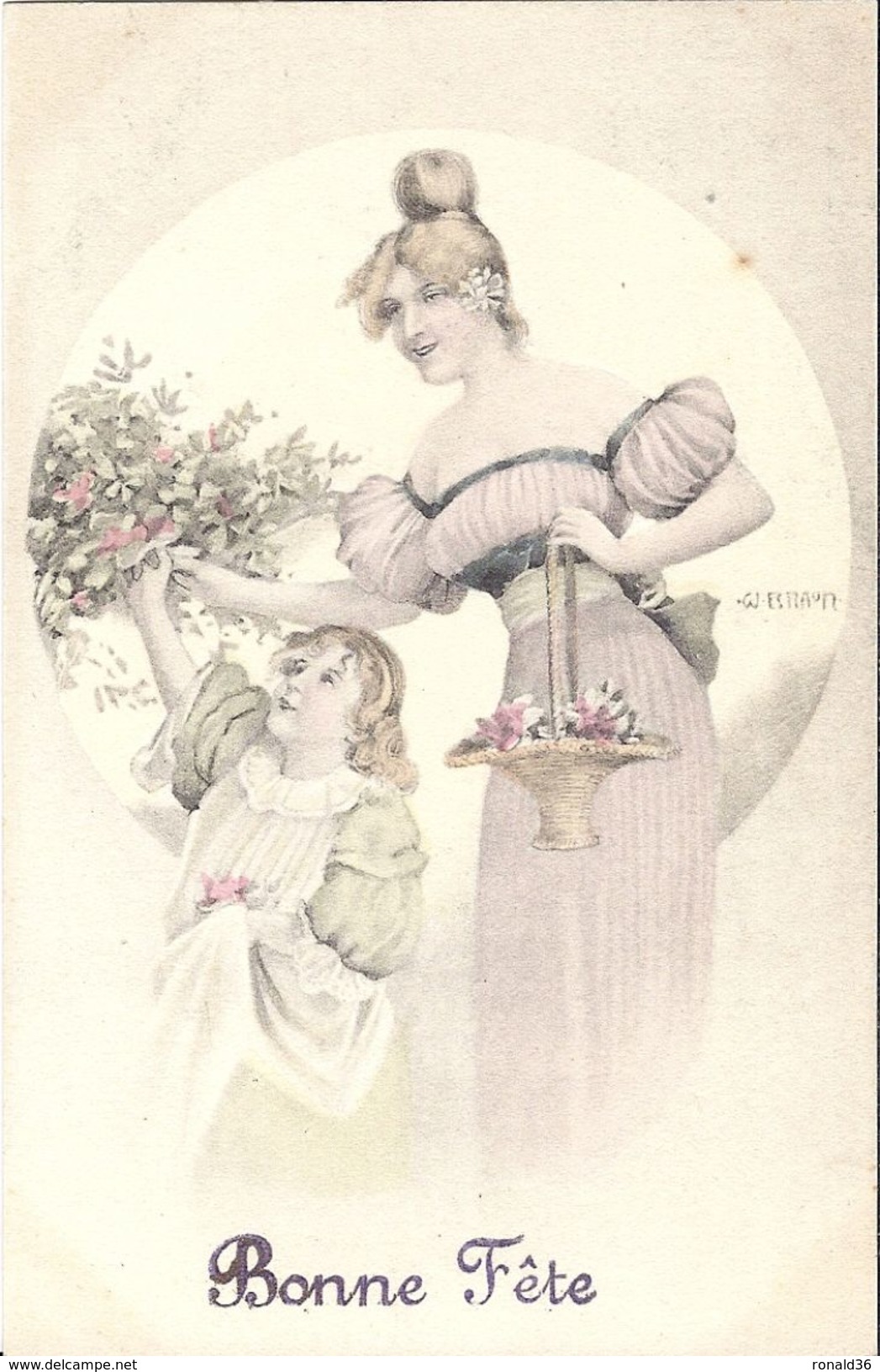Cp Illustrateur : BRAUN W Bonne Fête  FLEURS VASE Femme Fillette (  Illustration ) VIENNOISE - Braun, W.