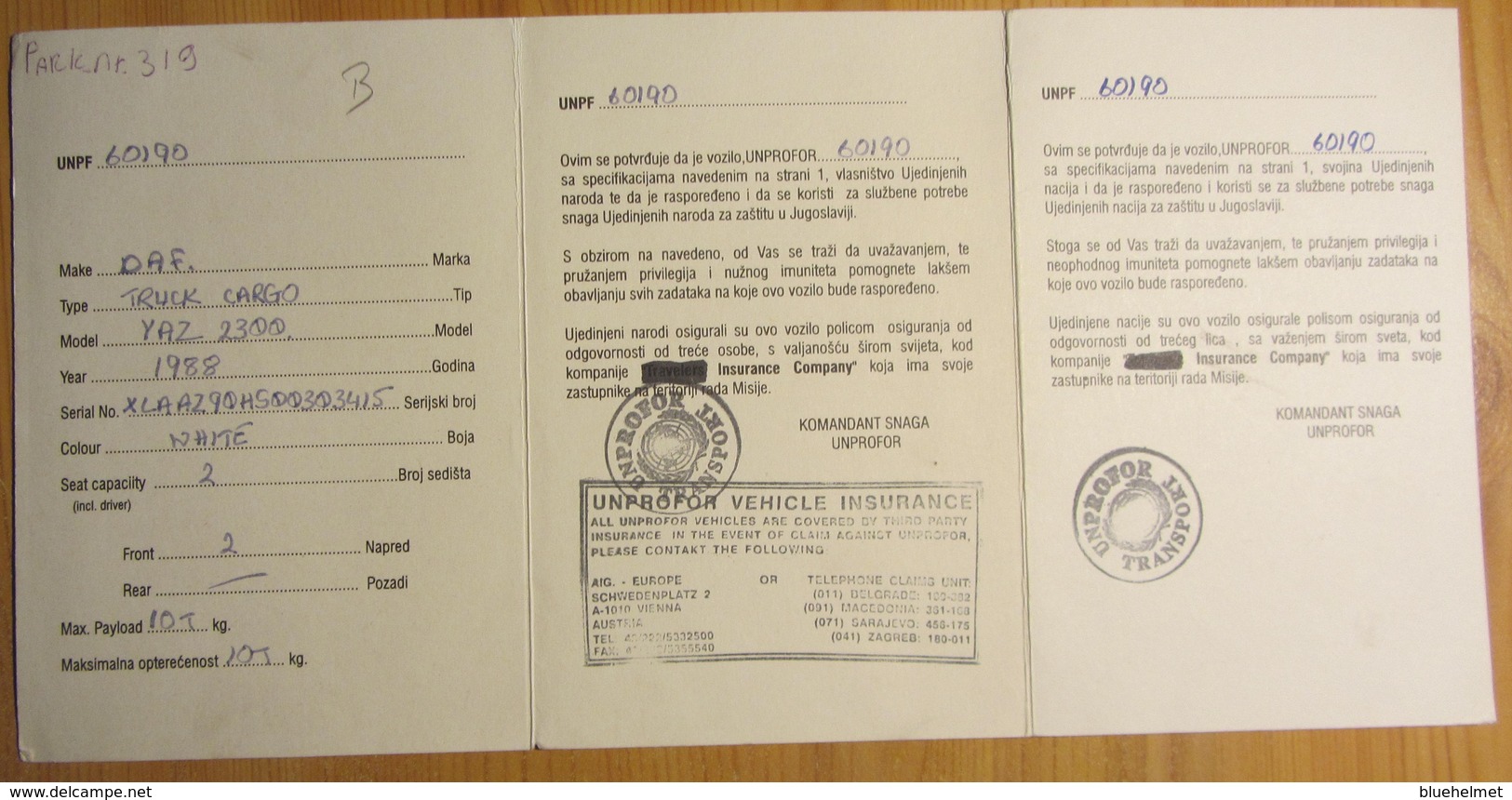 Certificat D'immatriculation Et D'assurance D'un Camion De La FORPRONU - UNPROFOR Vehicle Registration Card - Véhicules