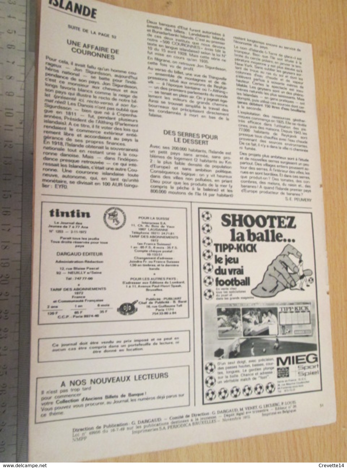 Page De Revue Des Années 60/70 : TINTIN NUMISMATIQUE BILLETS DE BANQUE RARES ISLANDE   Format : Page A4 - Autres & Non Classés