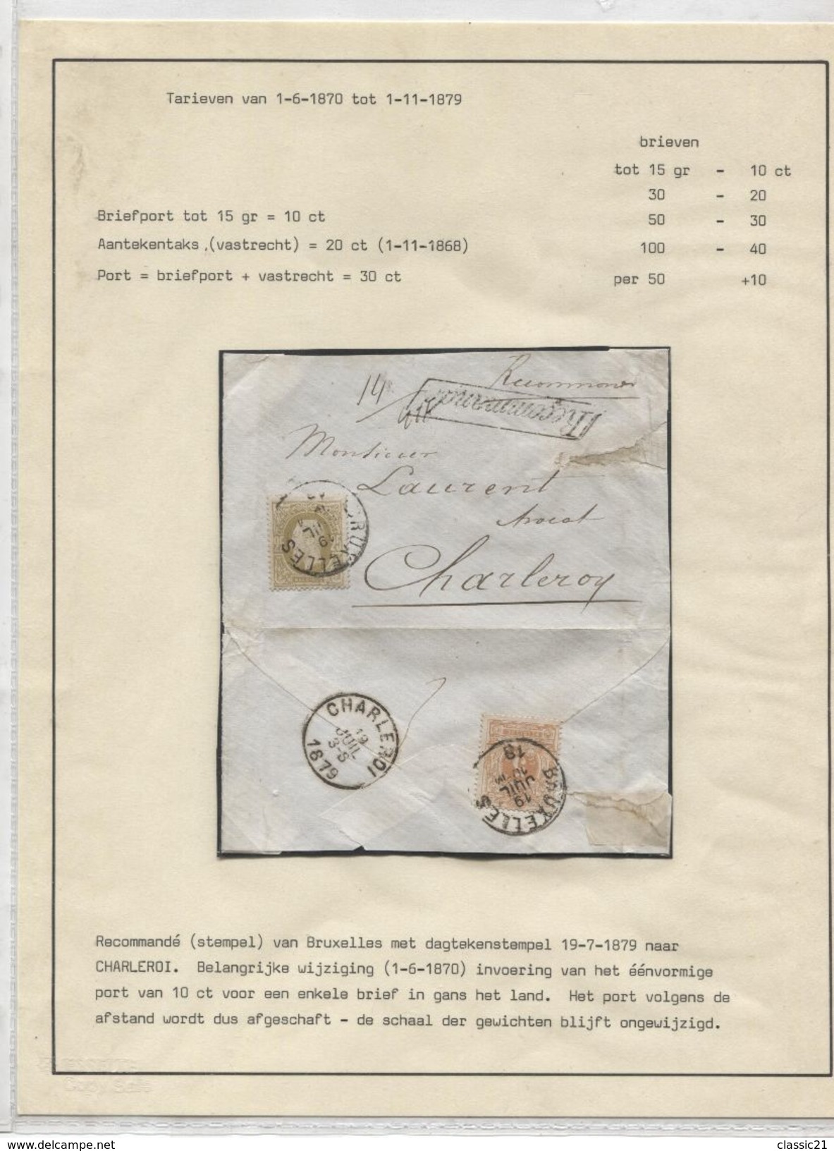 TP 28-32 S/L.recommandée Griffe Encadrée C.BXL 19/11/1879 V.Charleroi C.d'arrivée 1223 - 1869-1883 Leopold II.