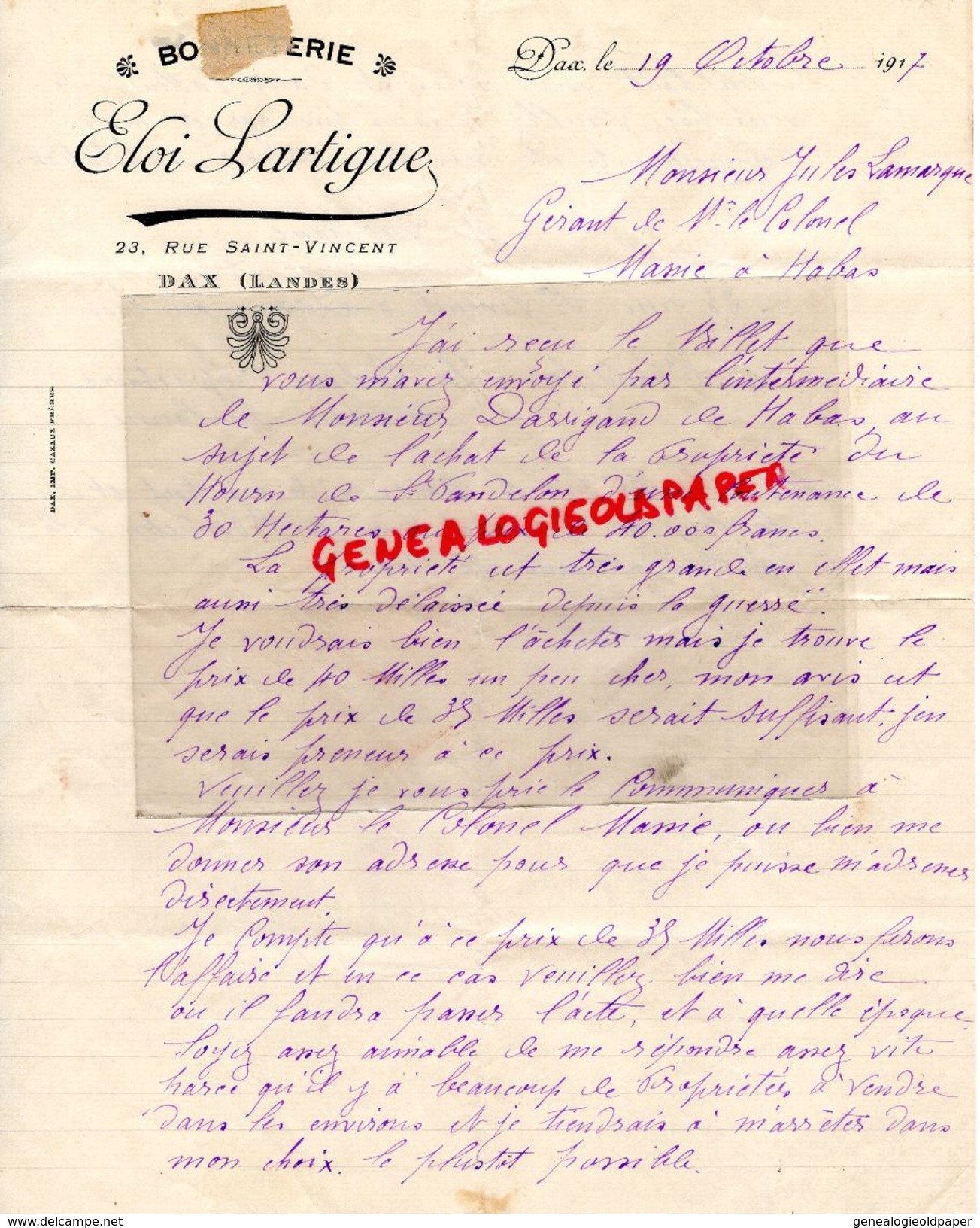 40- DAX- RARE LETTRE MANUSCRITE SIGNEE ELOI LARTIGUE-BONNETERIE-1917 - Petits Métiers