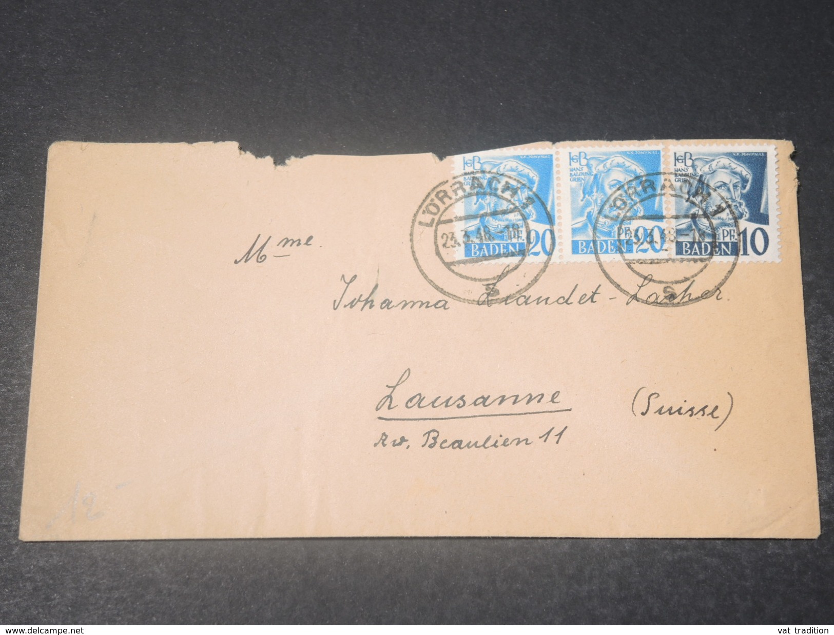 ALLEMAGNE - Enveloppe De Lörrach Pour Lausanne En 1948 , Affranchissement Plaisant - L 10829 - Autres & Non Classés