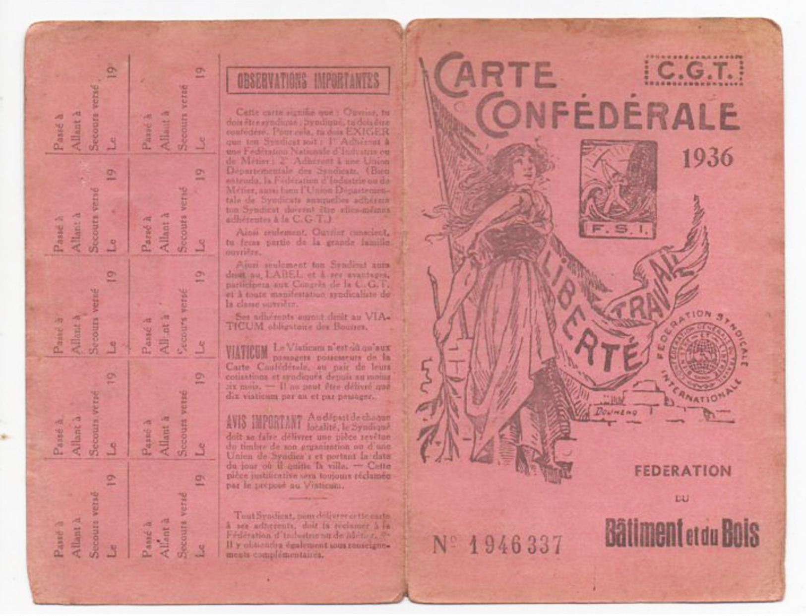 Carte Confederale CGT 1936 Du Batiment Et Du Bois - Non Classés