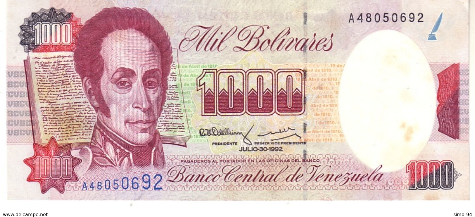 Venezuela P.73c 1000 Bolivares 1992 Au - Venezuela