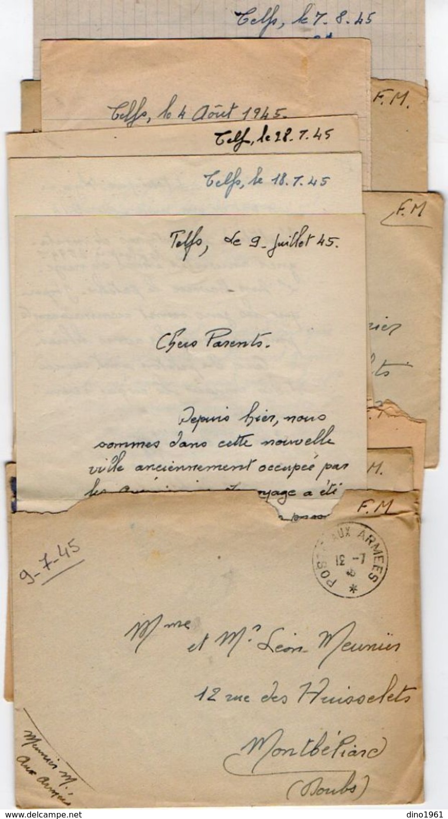 VP11.826 Guerre 39 / 45 - 7 Lettres Du Canonnier Marcel MEUNIER à TELFS Pour MONTBELIARD - Documents