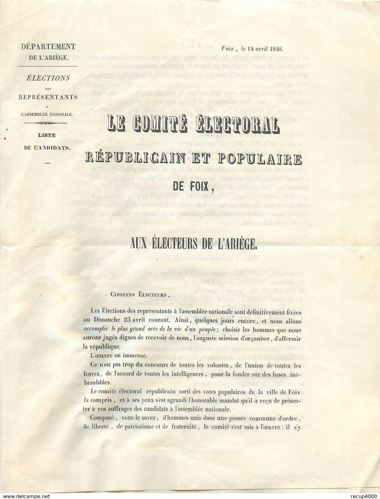 ARIEGE FOIX  Le Comité électoral Républicain Et Populaire 1848 Liste Des Candidats  2 Volets 4scans - Documents Historiques