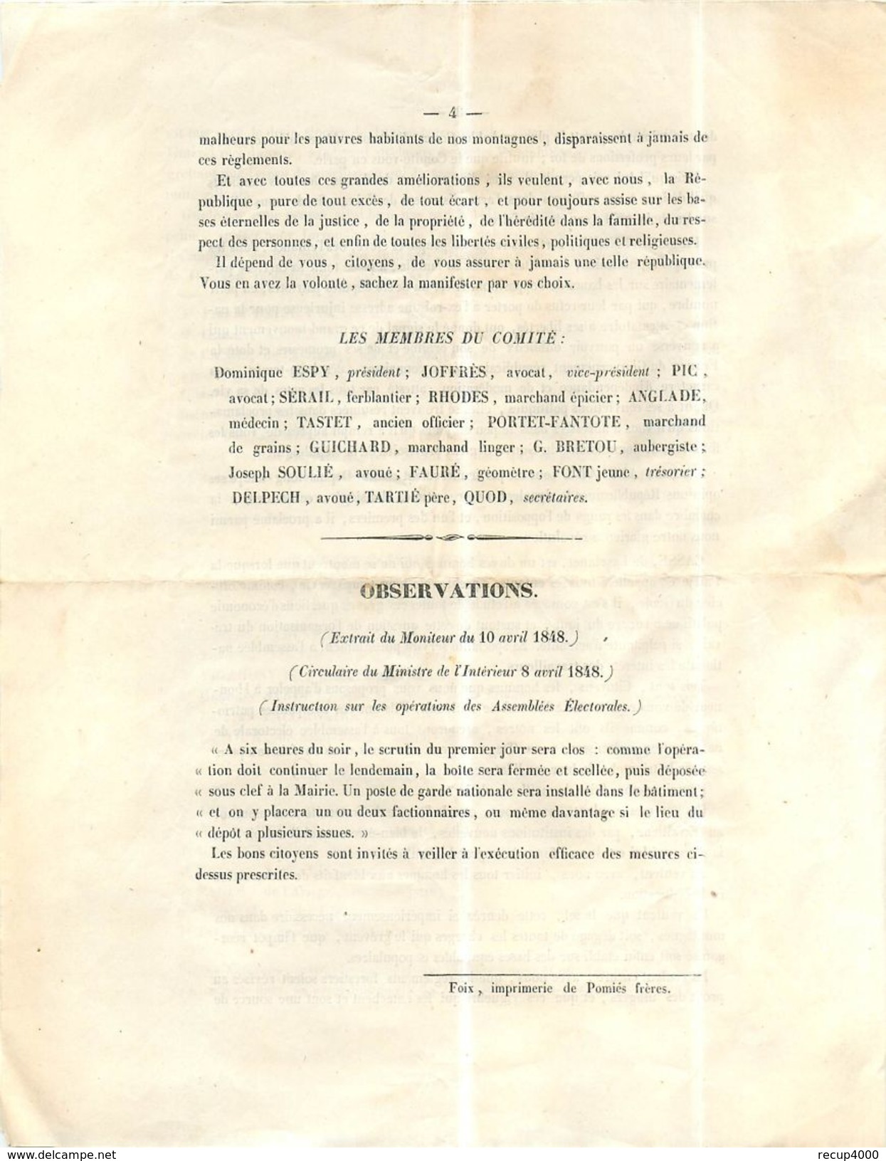 ARIEGE FOIX  Le Comité électoral Républicain Et Populaire 1848 Liste Des Candidats  2 Volets 4scans - Documents Historiques