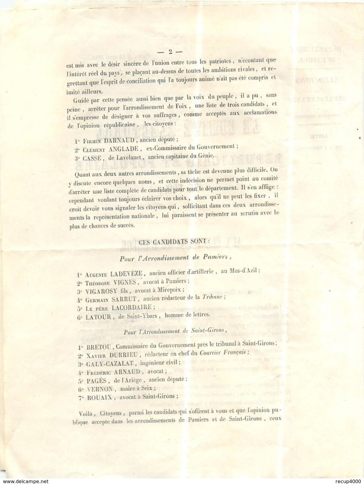 ARIEGE FOIX  Le Comité électoral Républicain Et Populaire 1848 Liste Des Candidats  2 Volets 4scans - Documents Historiques