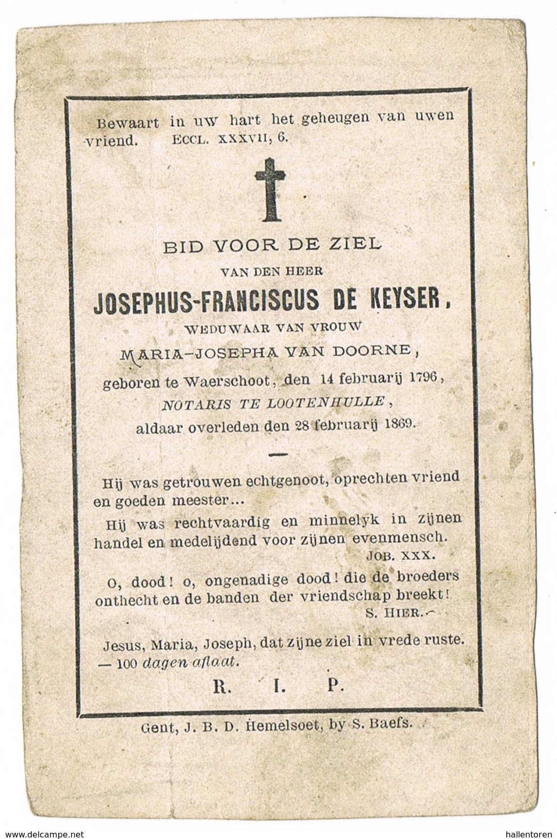 Lotenhulle: 1869, Josephus-Franciscus De Keyser, Notaris ( 2 Scans) - Images Religieuses