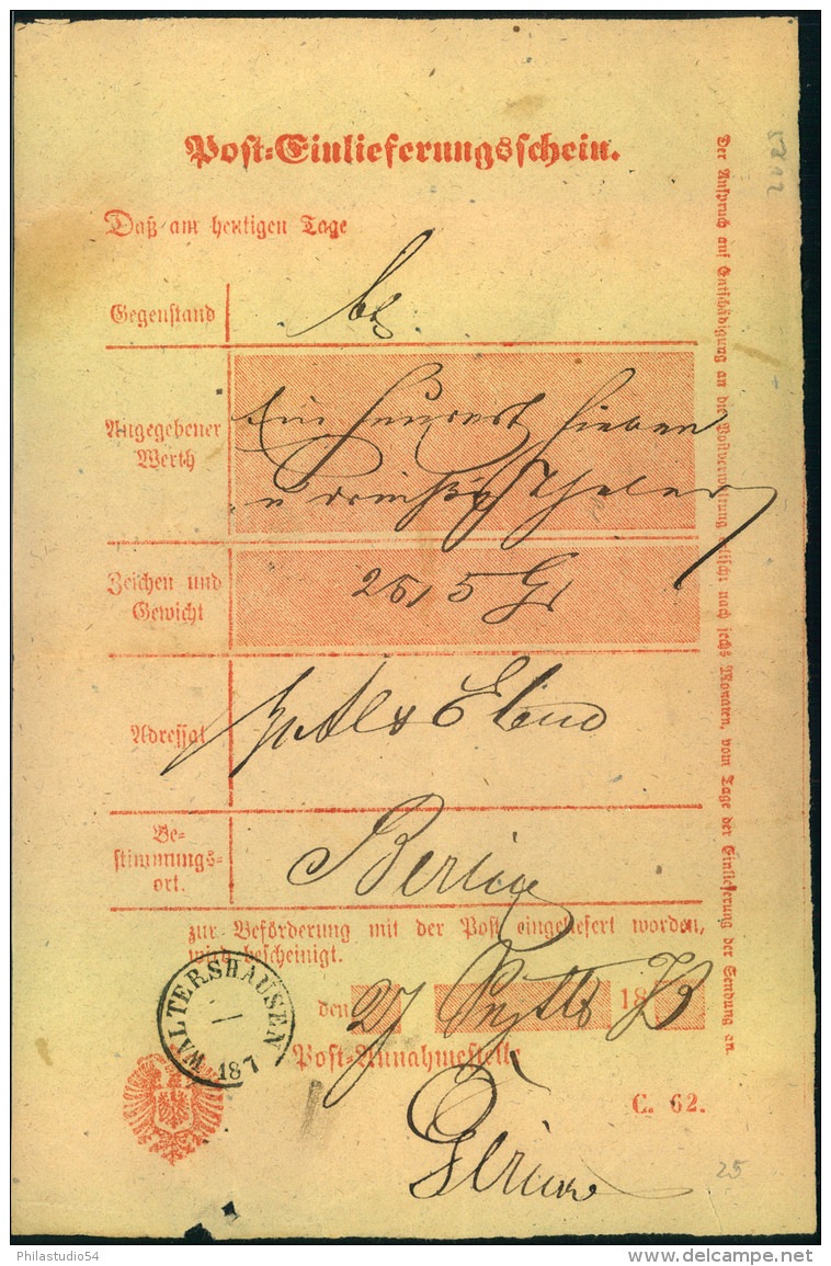 1873, WALTERSHAUSEN, Kleiner K1 Ohne Monat Und Tag Auf Postschein. - Covers & Documents