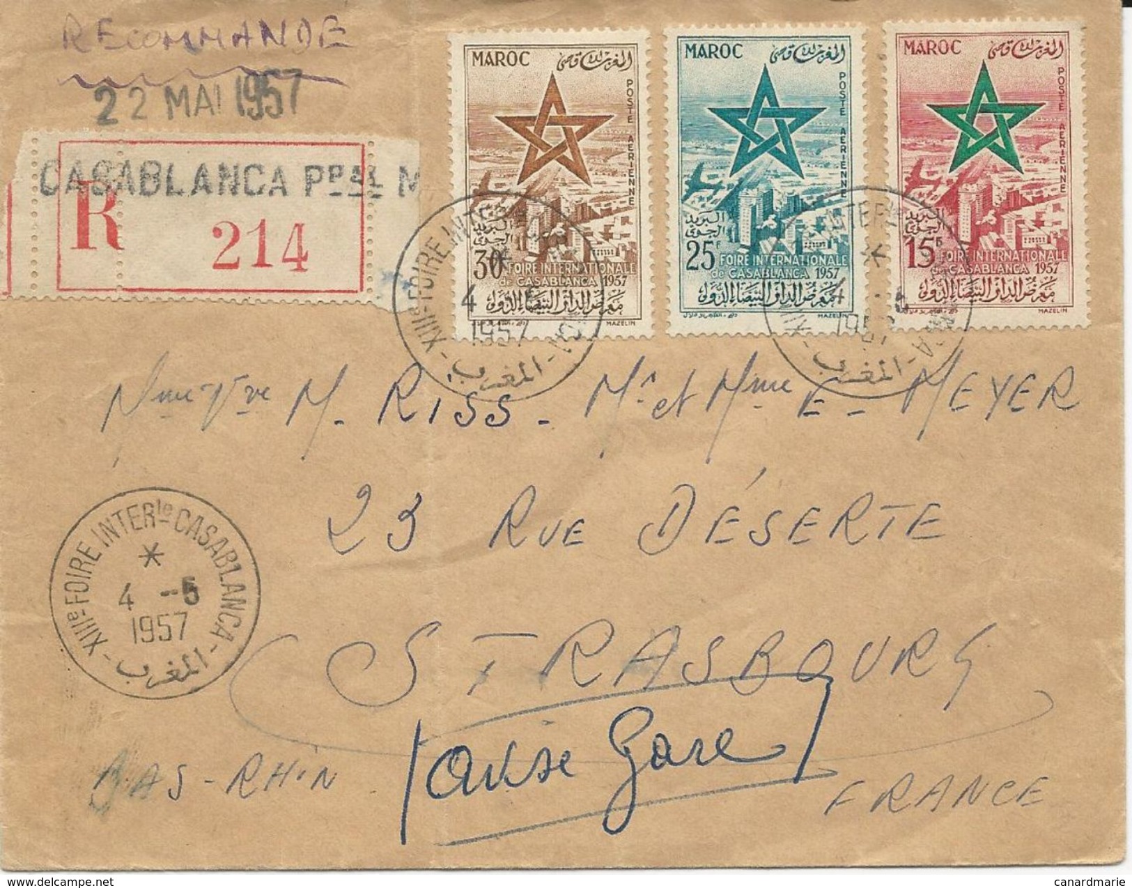 LETTRE RECOMMANDEE 1957 AVEC CACHET XIII° FOIRE INTERNATIONALE CASABLANCA - Marokko (1956-...)