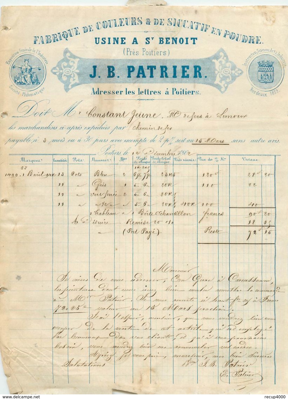 FACTURE  Fabrique De Couleurs J.b.patrier Usine à St Benoit Près Poitiers 1862  2scans - 1800 – 1899