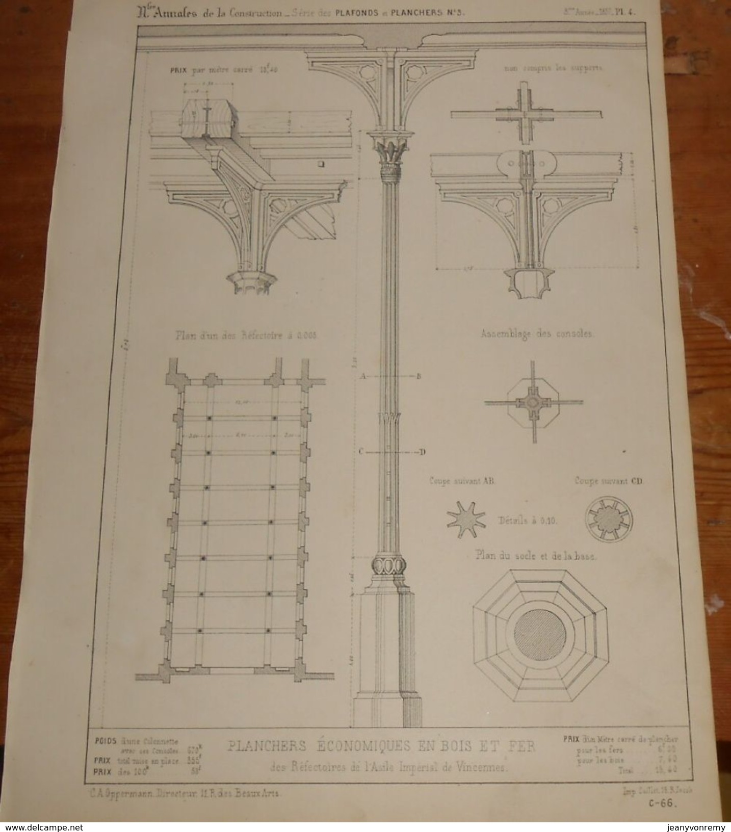 Plan Des Planchers En Bois Et Fer Des Réfectoires De L'asile Impérial De Vincennes. 1857. - Obras Públicas