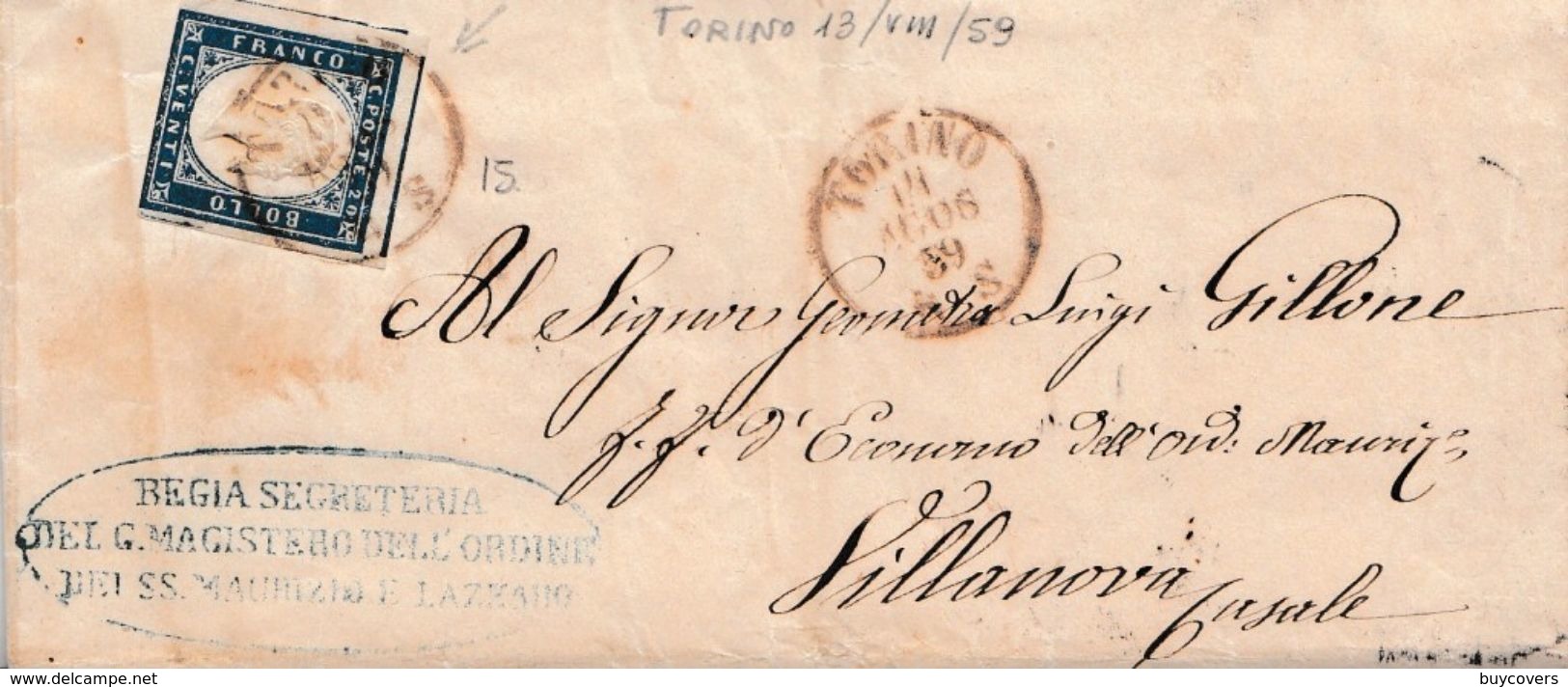 S176- Lettera Del 13 Agosto 1859 Da Torino A Villanova Casale Con Cent. 20 Indaco Oltremare - - Sardegna