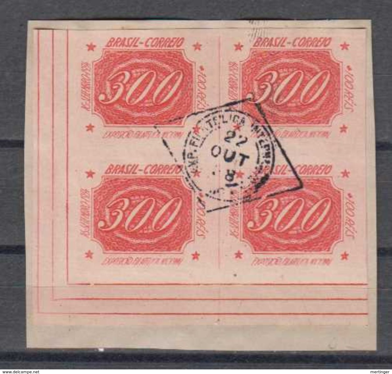 Brazil Brasil Mi# 410 Used Block Of 4 INCLINADOS 1934 On Fragment - Oblitérés