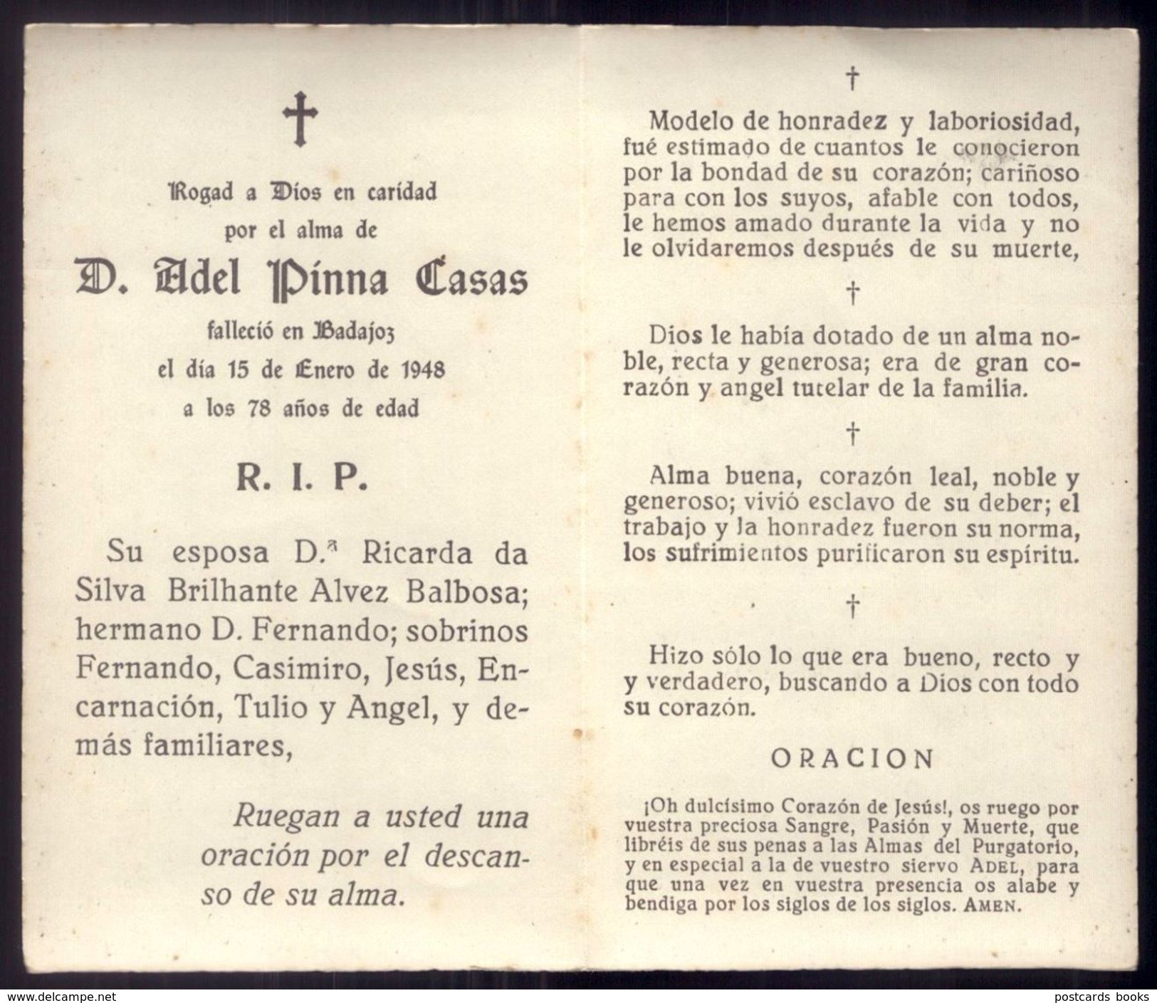 Pagela Religiosa D.ADEL PINNA CASAS Fallecio BADAJOZ (arquiteto De La Giralda) 1948 - Espana - Imágenes Religiosas