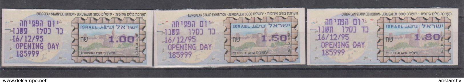 ISRAEL 1995 MASSAD ATM EUROPEAN STAMP EXHIBITION JERUSALEM 3000 OPENING DAY 1 1.5 1.8 SHEKELS - Vignettes D'affranchissement (Frama)
