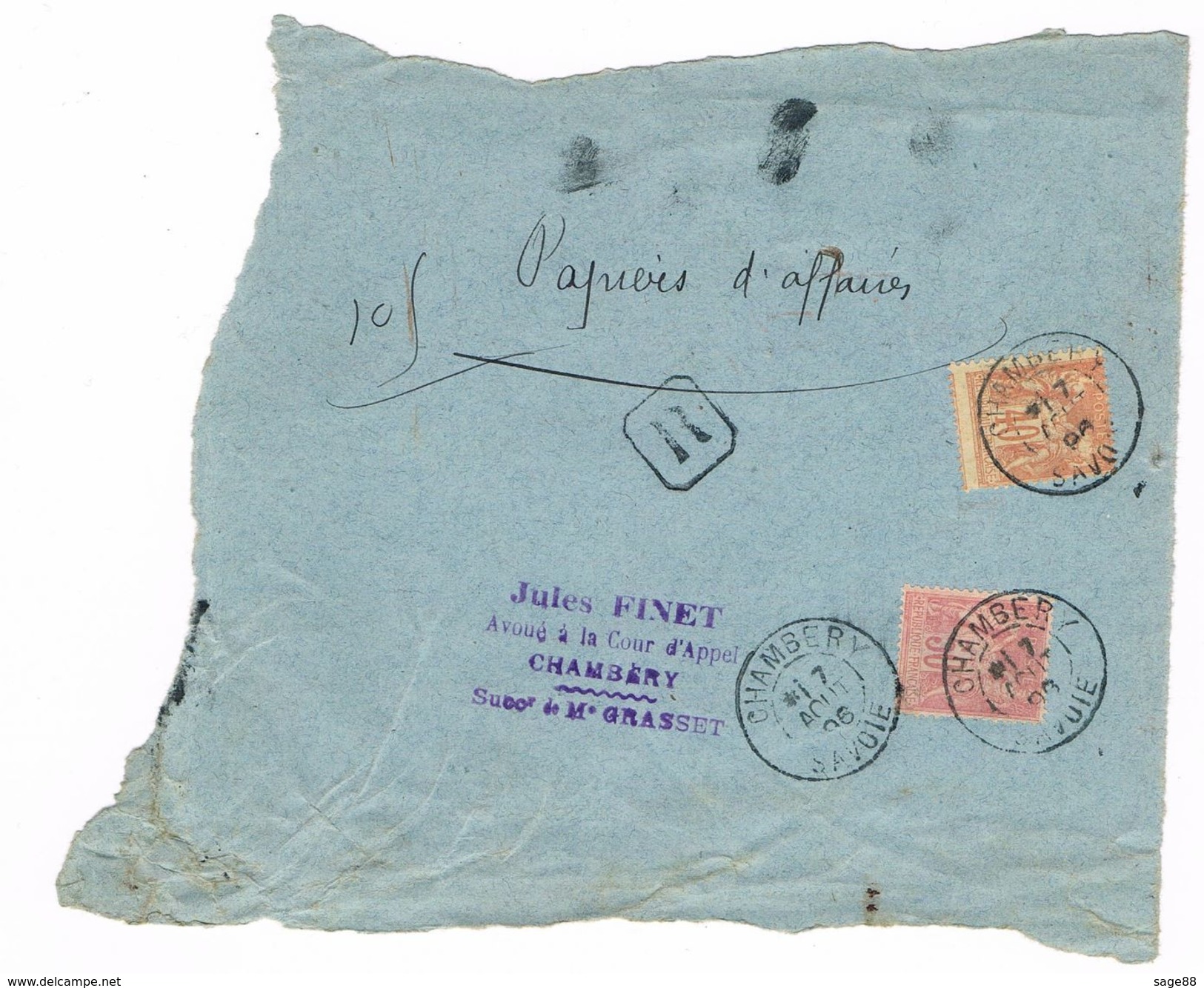 40 C N° 94 Et 50 C N° 98 Sage Sur Fragment De Papier D'affaires Recommandé . Chambery 1896 - 1877-1920: Semi Modern Period