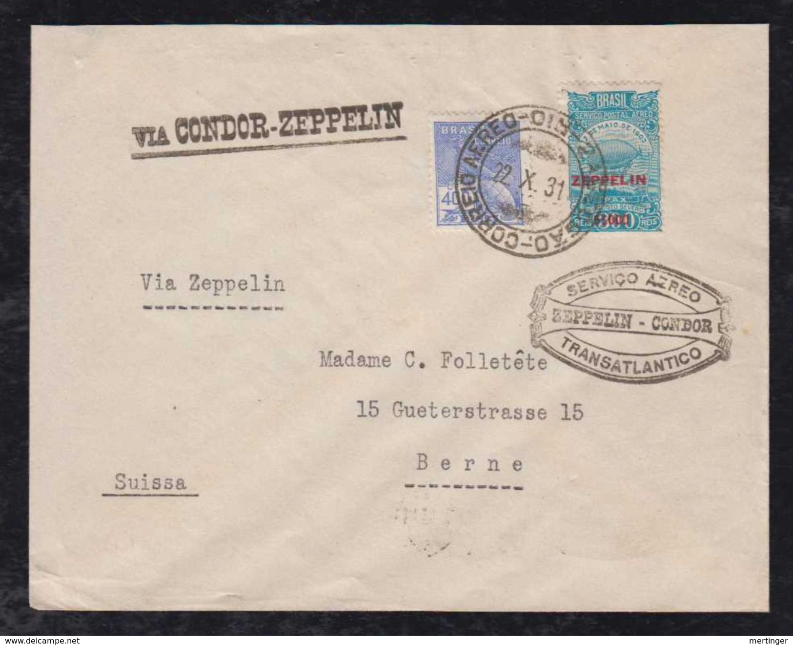 Brazil Brasil 1931 Zeppelin Cover To BERN Switzerland Sieger 134A - Luchtpost (private Maatschappijen)